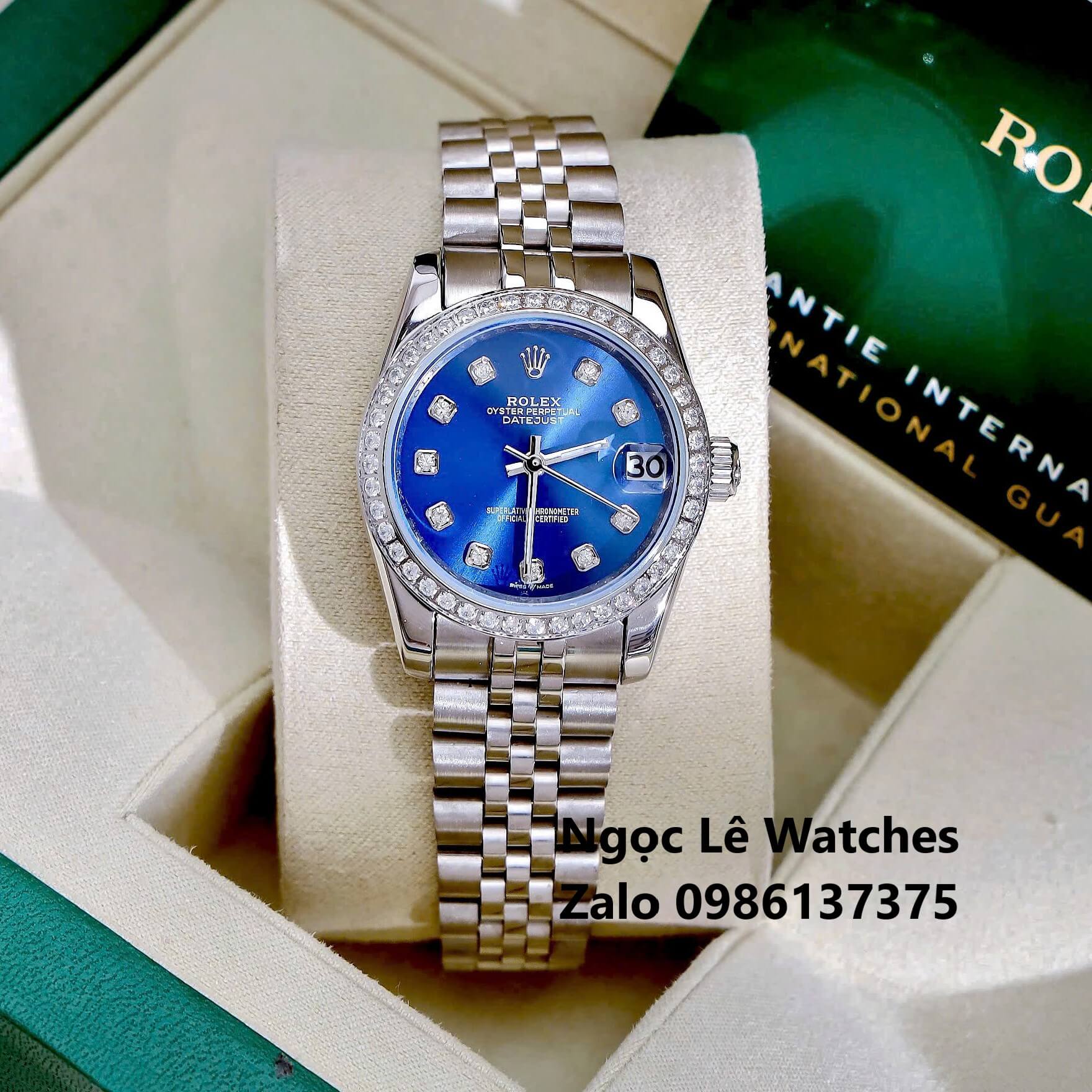 Đồng Hồ Cặp Rolex Datejust Máy Pin Màu Bạc Mặt Xanh Navy Viền Đá Size Nam 41mm Nữ 31mm