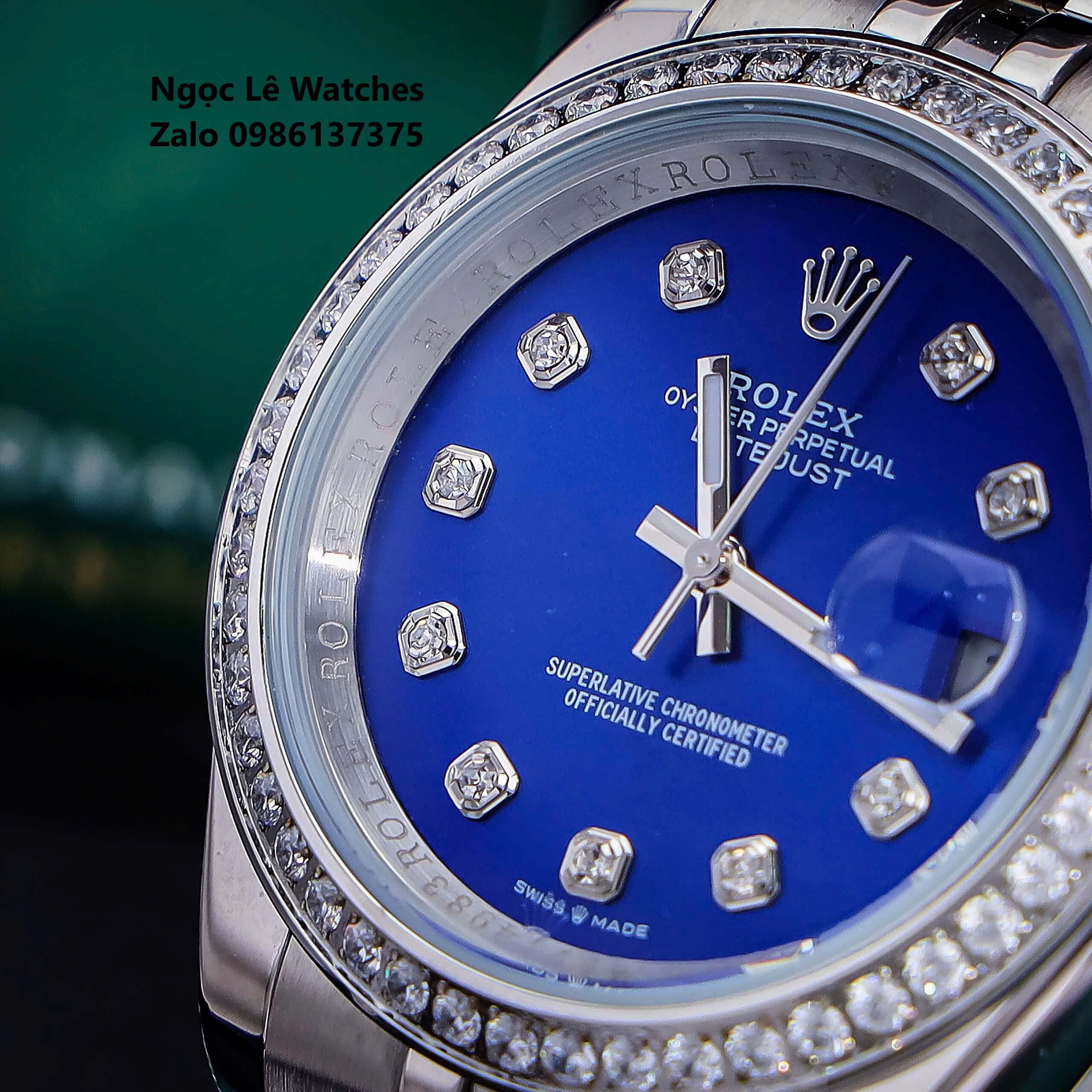 Đồng Hồ Cặp Rolex Datejust Máy Pin Màu Bạc Mặt Xanh Navy Viền Đá Size Nam 41mm Nữ 31mm