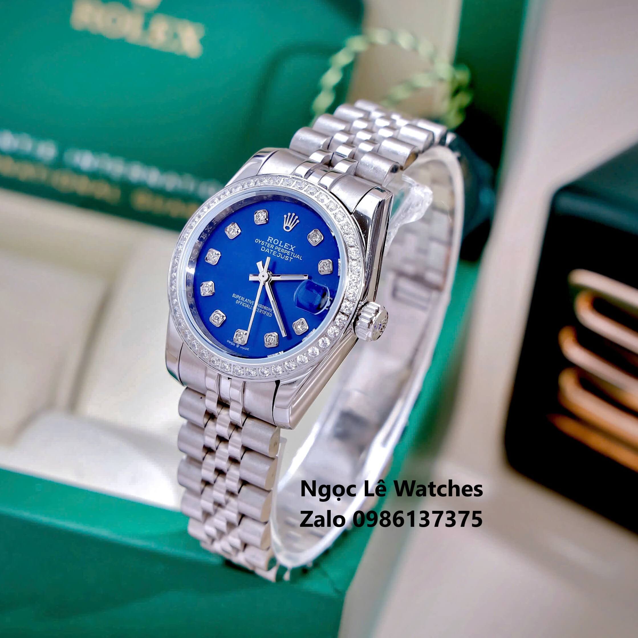 Đồng Hồ Cặp Rolex Datejust Máy Pin Màu Bạc Mặt Xanh Navy Viền Đá Size Nam 41mm Nữ 31mm