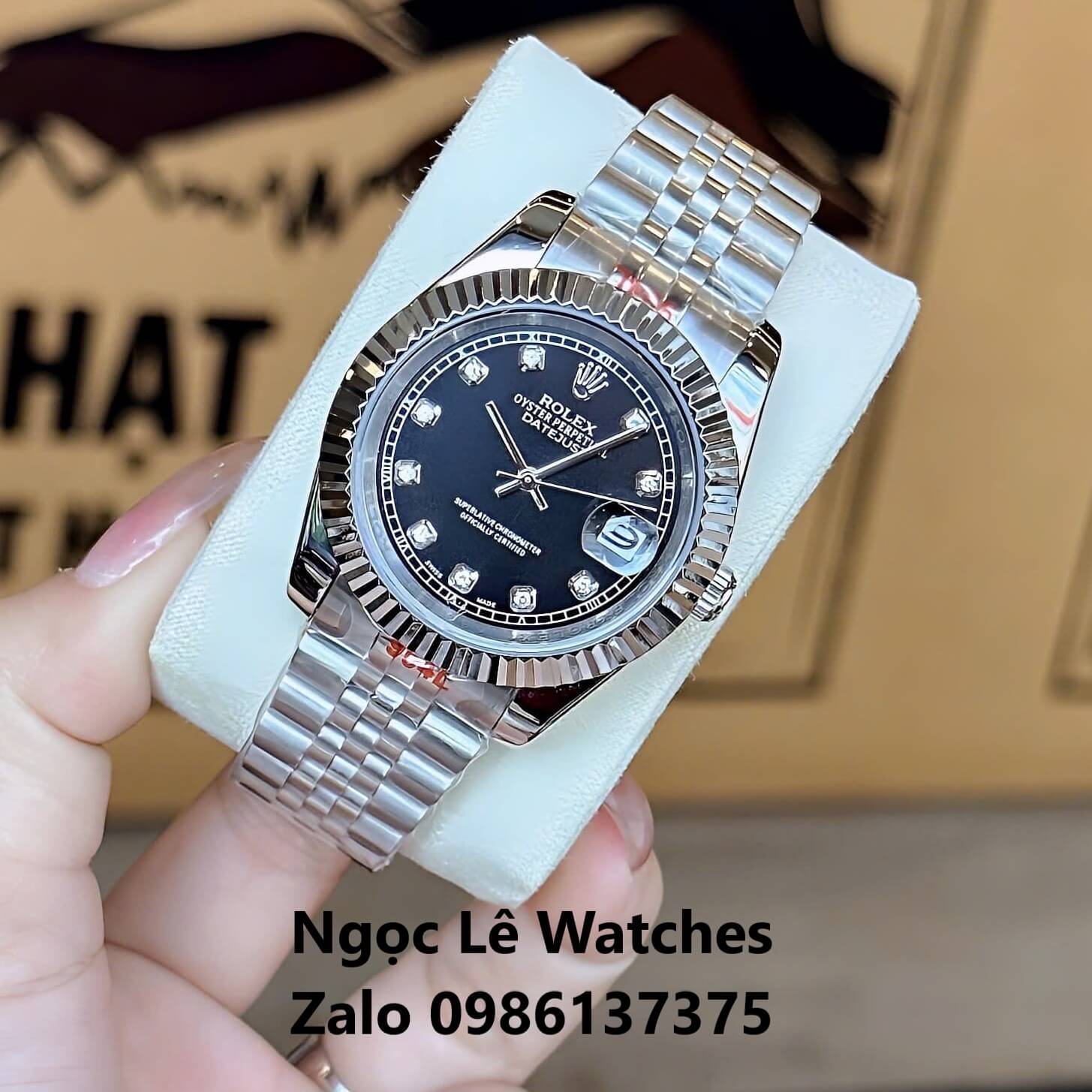 Đồng Hồ Cặp Rolex Datejust Máy Pin Nam Nữ Bạc Mặt Đen Viền Khía Size 41mm - 31mm