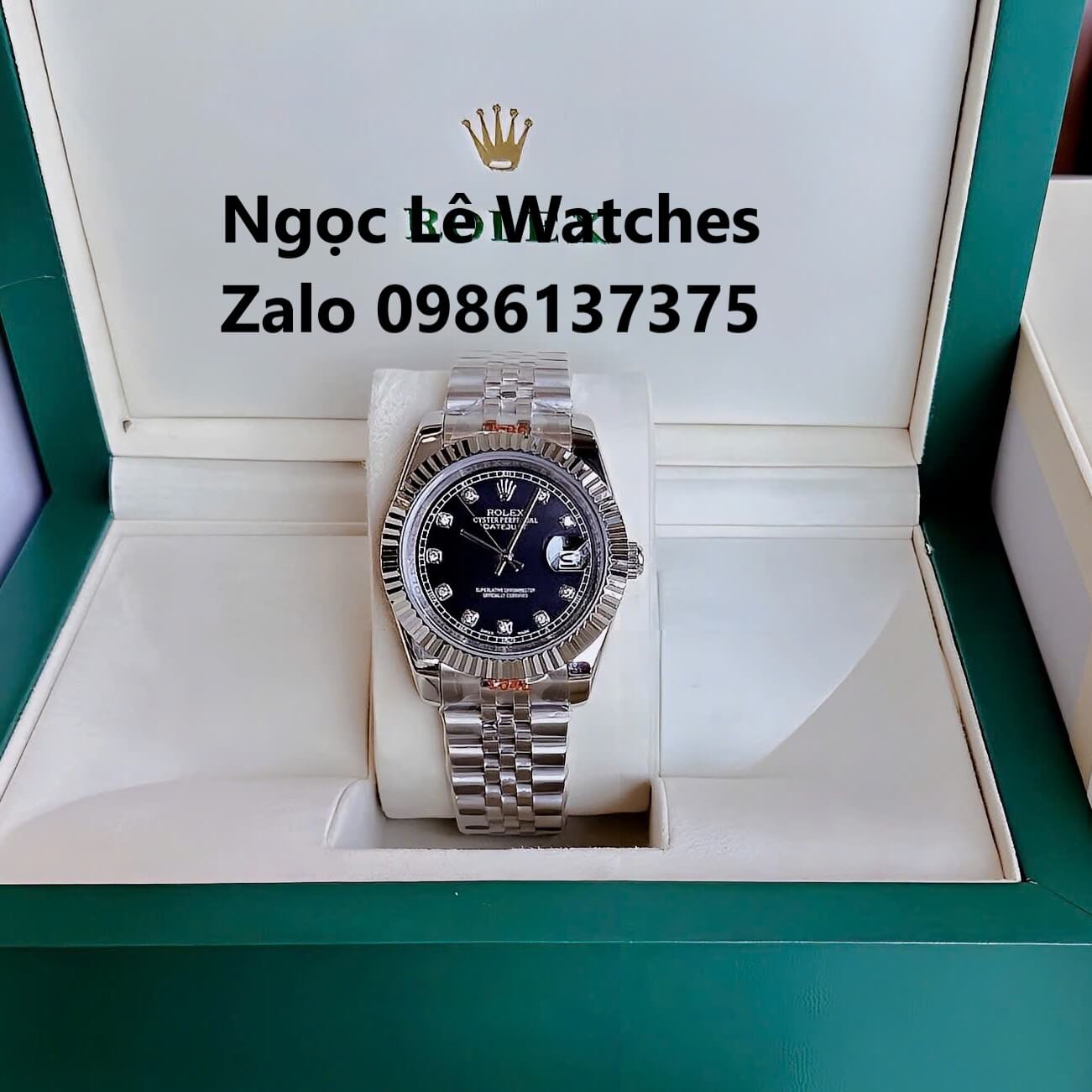 Đồng Hồ Cặp Rolex Datejust Máy Pin Nam Nữ Bạc Mặt Đen Viền Khía Size 41mm - 31mm