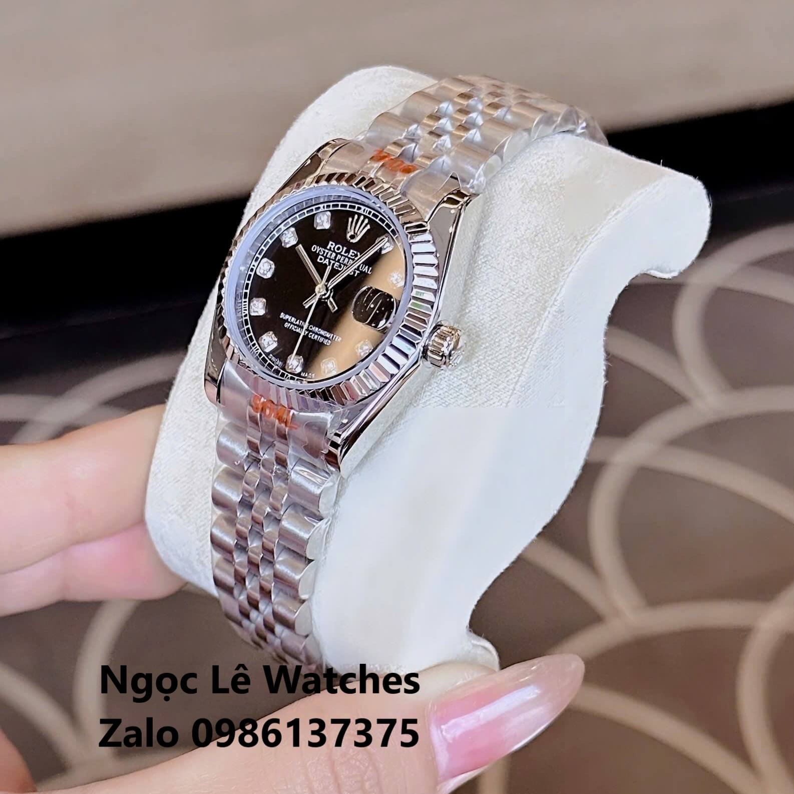 Đồng Hồ Cặp Rolex Datejust Máy Pin Nam Nữ Bạc Mặt Đen Viền Khía Size 41mm - 31mm