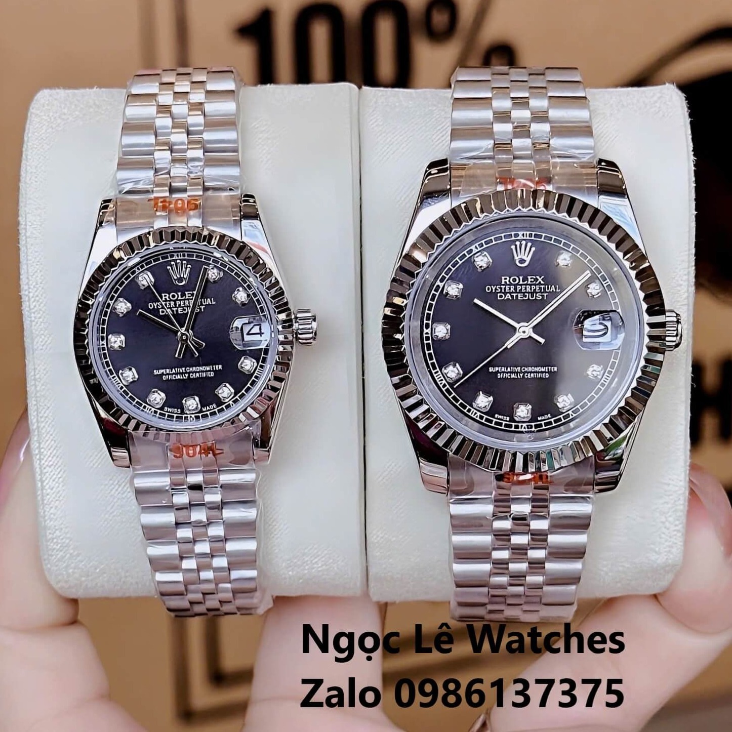 Đồng Hồ Cặp Rolex Datejust Máy Pin Nam Nữ Bạc Mặt Đen Viền Khía Size 41mm - 31mm