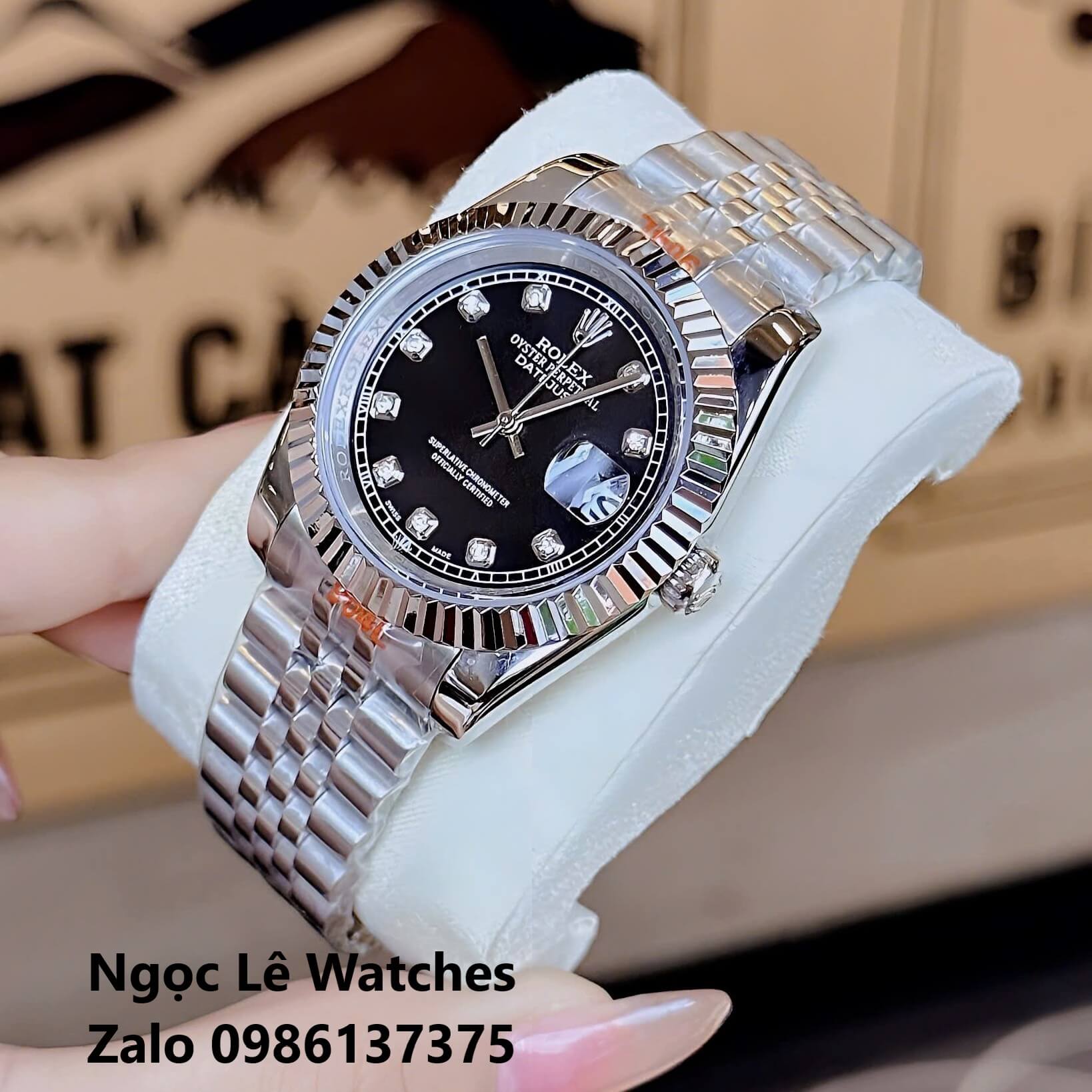 Đồng Hồ Cặp Rolex Datejust Máy Pin Nam Nữ Bạc Mặt Đen Viền Khía Size 41mm - 31mm