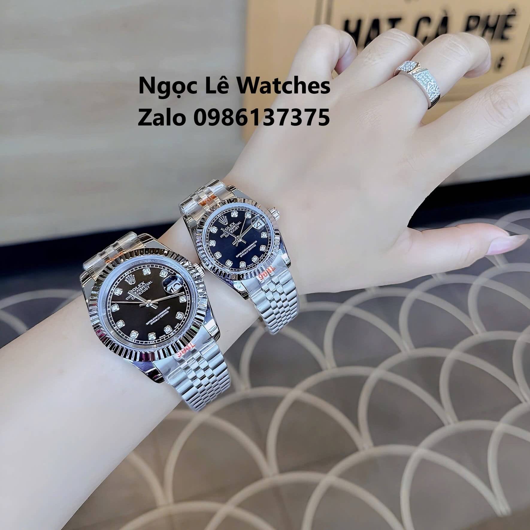 Đồng Hồ Cặp Rolex Datejust Máy Pin Nam Nữ Bạc Mặt Đen Viền Khía Size 41mm - 31mm
