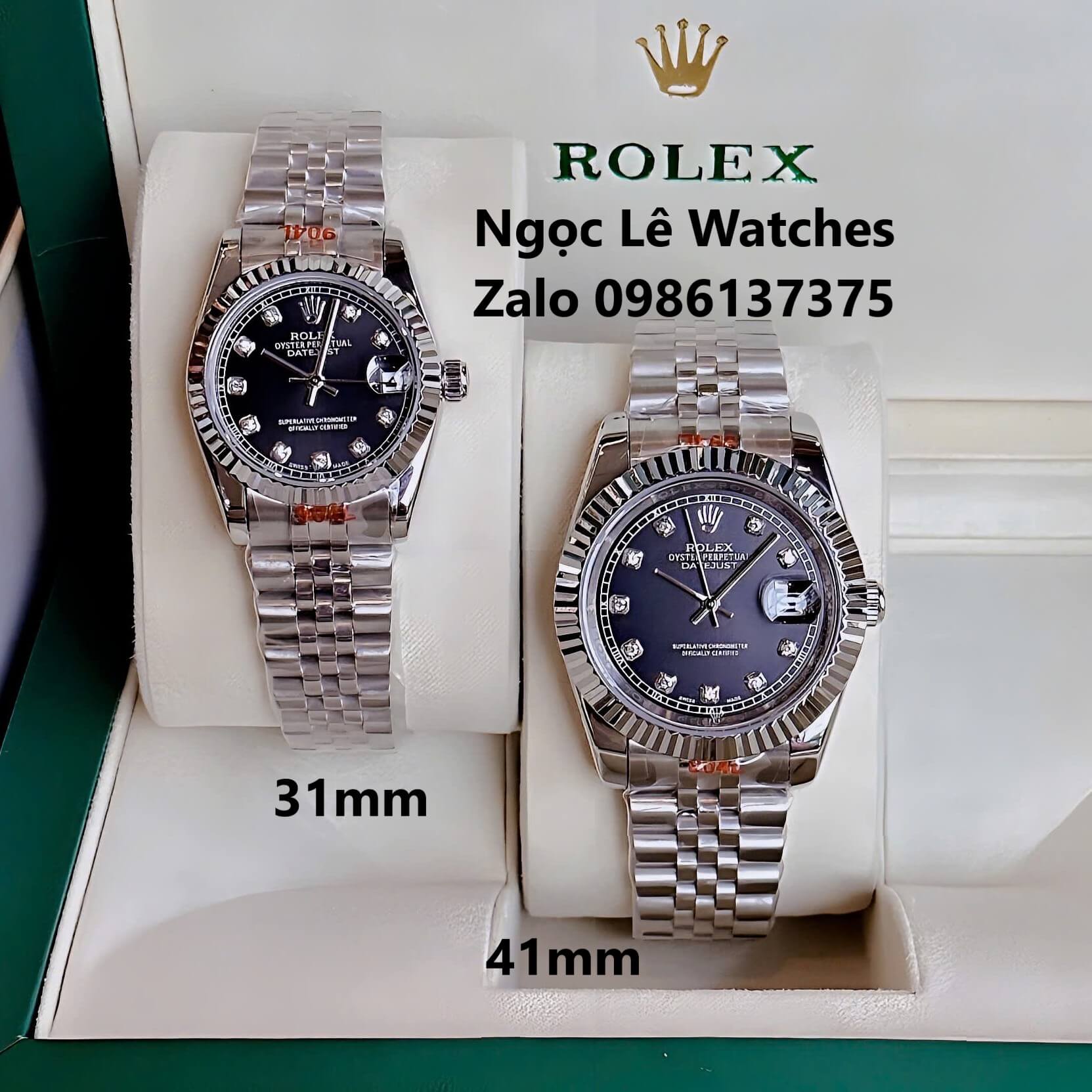 Đồng Hồ Cặp Rolex Datejust Máy Pin Nam Nữ Bạc Mặt Đen Viền Khía Size 41mm - 31mm