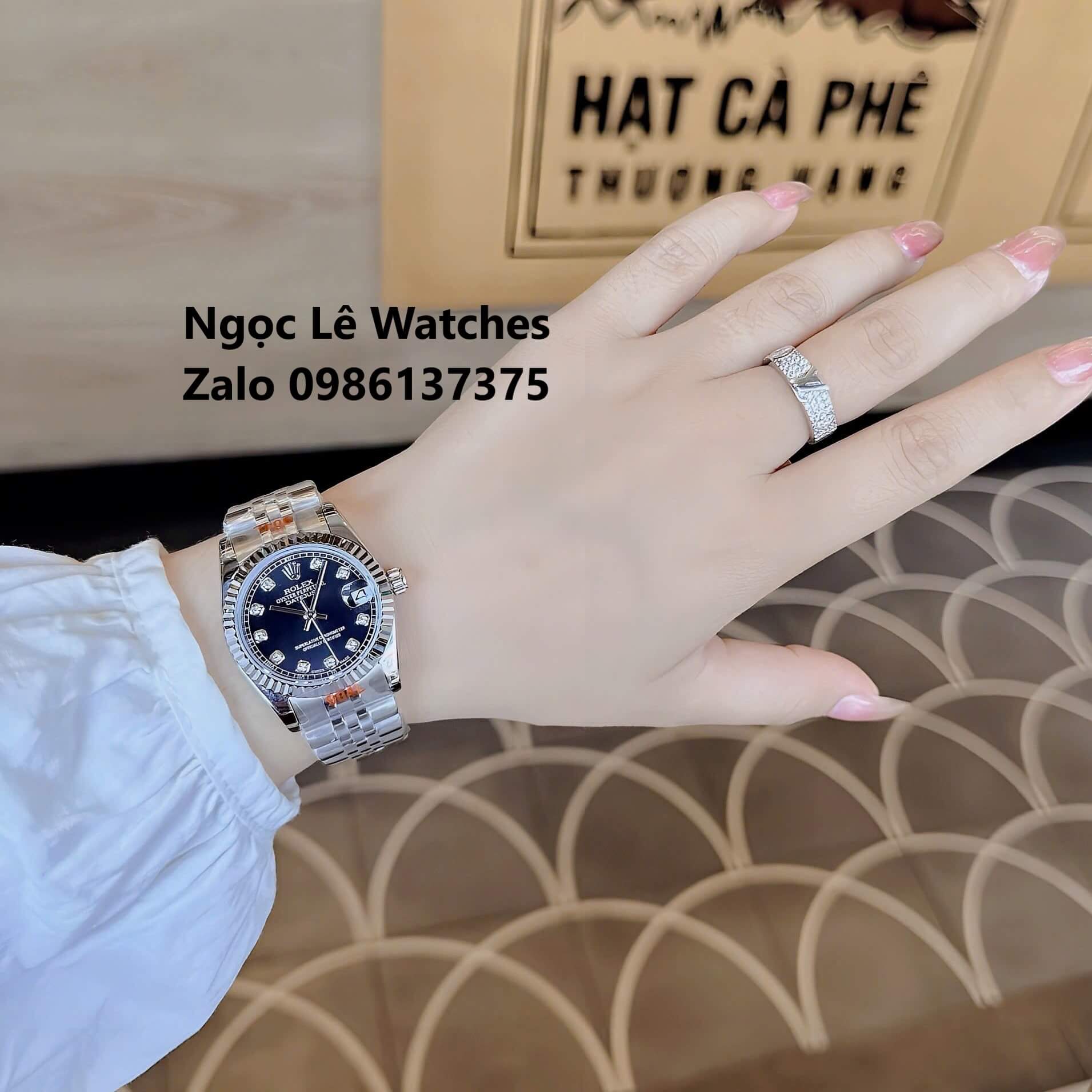 Đồng Hồ Cặp Rolex Datejust Máy Pin Nam Nữ Bạc Mặt Đen Viền Khía Size 41mm - 31mm