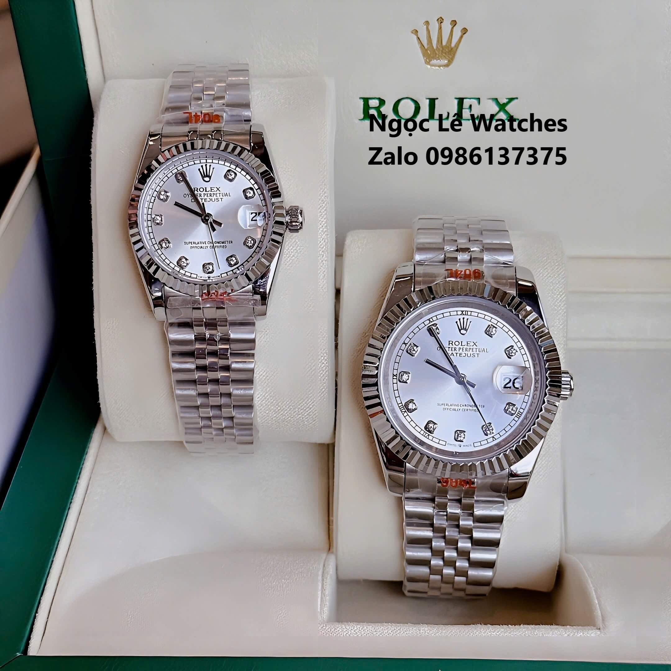 Đồng Hồ Cặp Rolex Datejust Máy Pin Nam Nữ Bạc Mặt Trắng Viền Khía Size 41mm - 31mm
