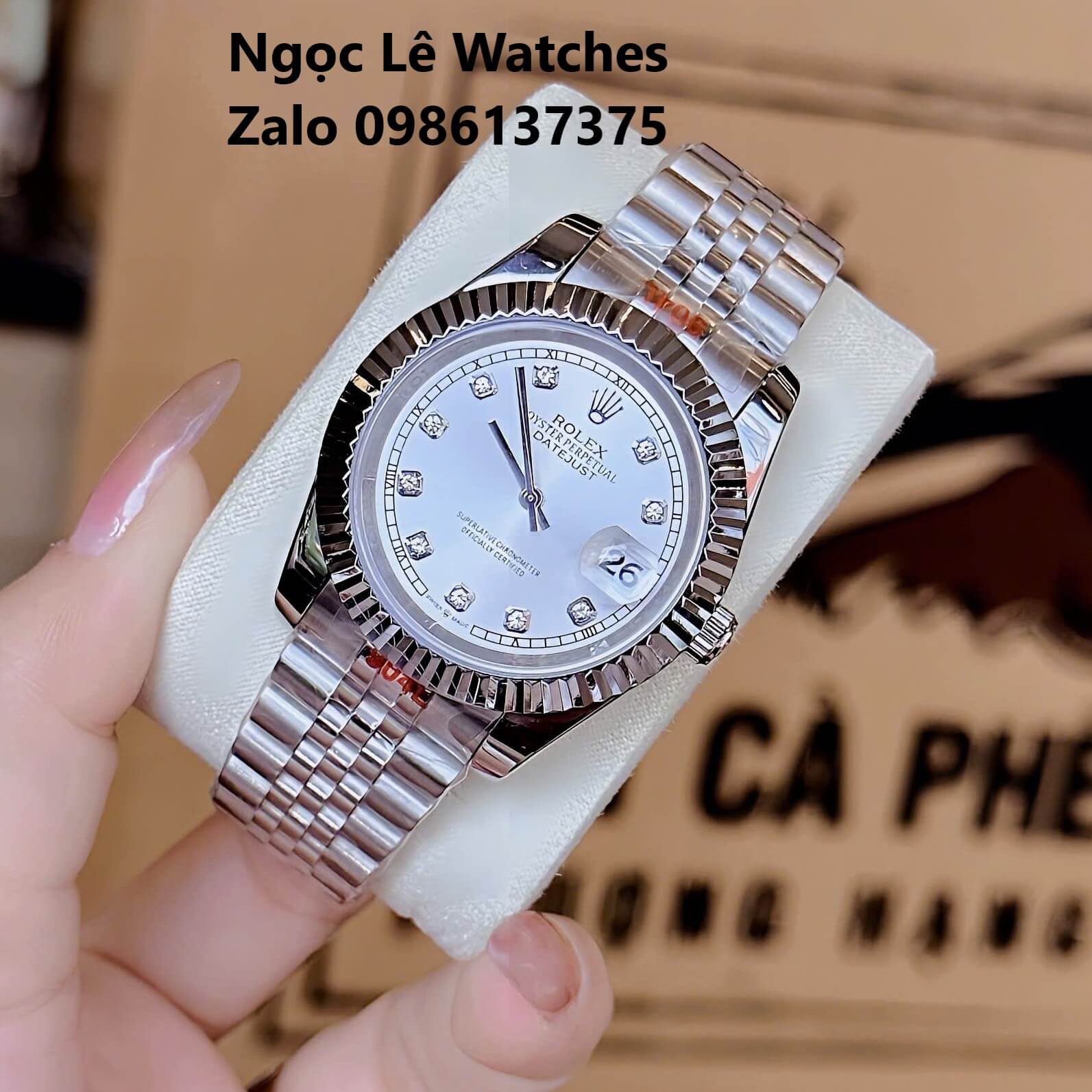 Đồng Hồ Cặp Rolex Datejust Máy Pin Nam Nữ Bạc Mặt Trắng Viền Khía Size 41mm - 31mm