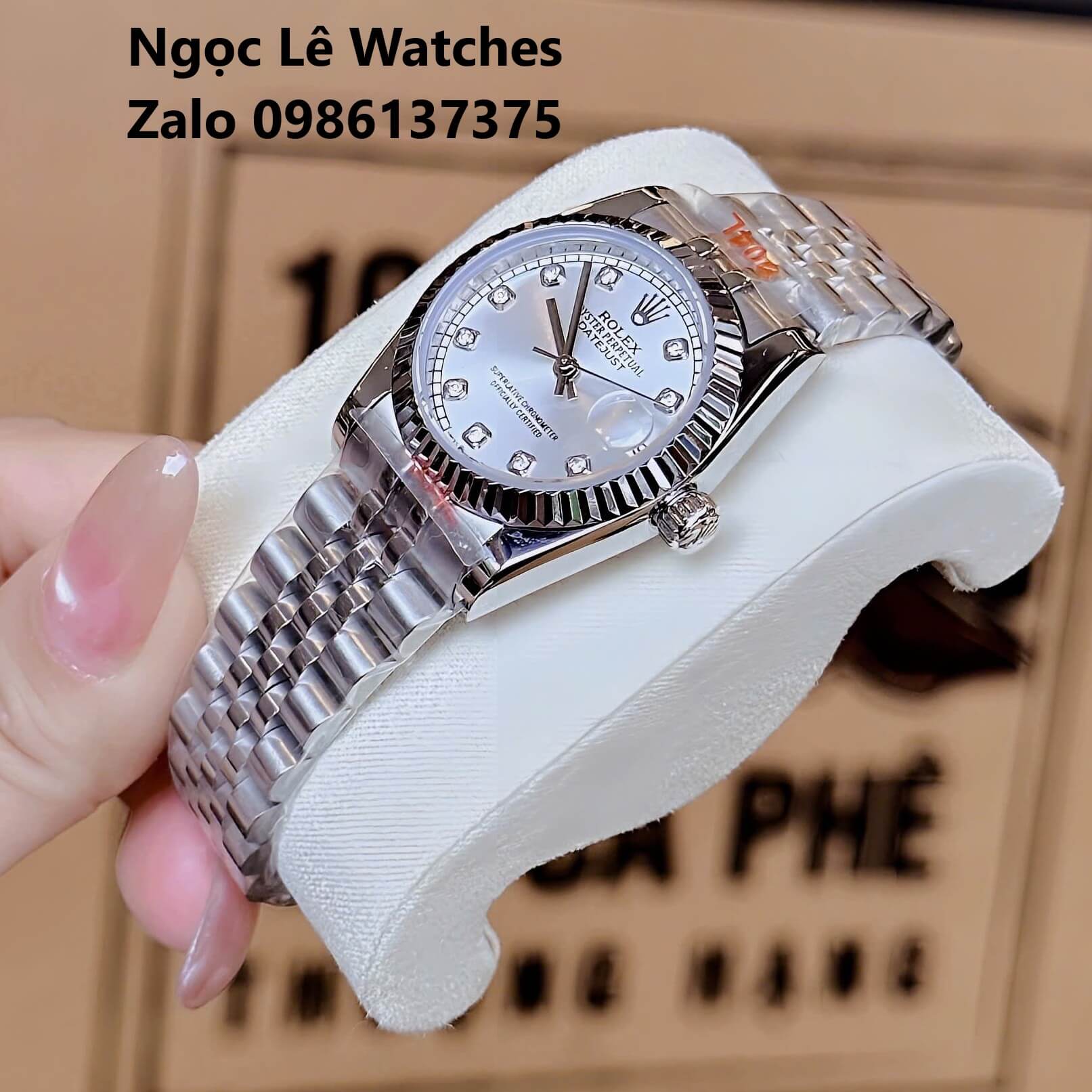 Đồng Hồ Cặp Rolex Datejust Máy Pin Nam Nữ Bạc Mặt Trắng Viền Khía Size 41mm - 31mm