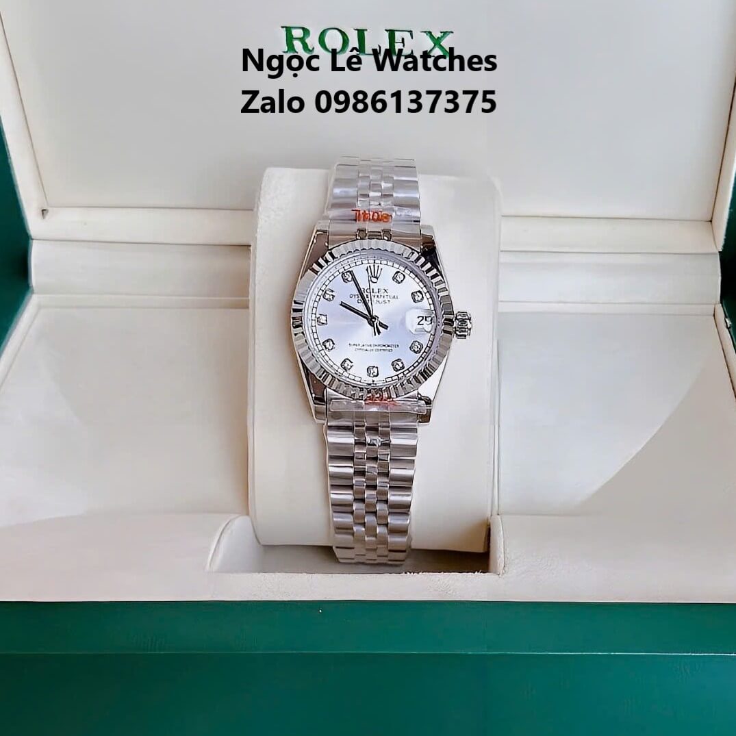 Đồng Hồ Cặp Rolex Datejust Máy Pin Nam Nữ Bạc Mặt Trắng Viền Khía Size 41mm - 31mm