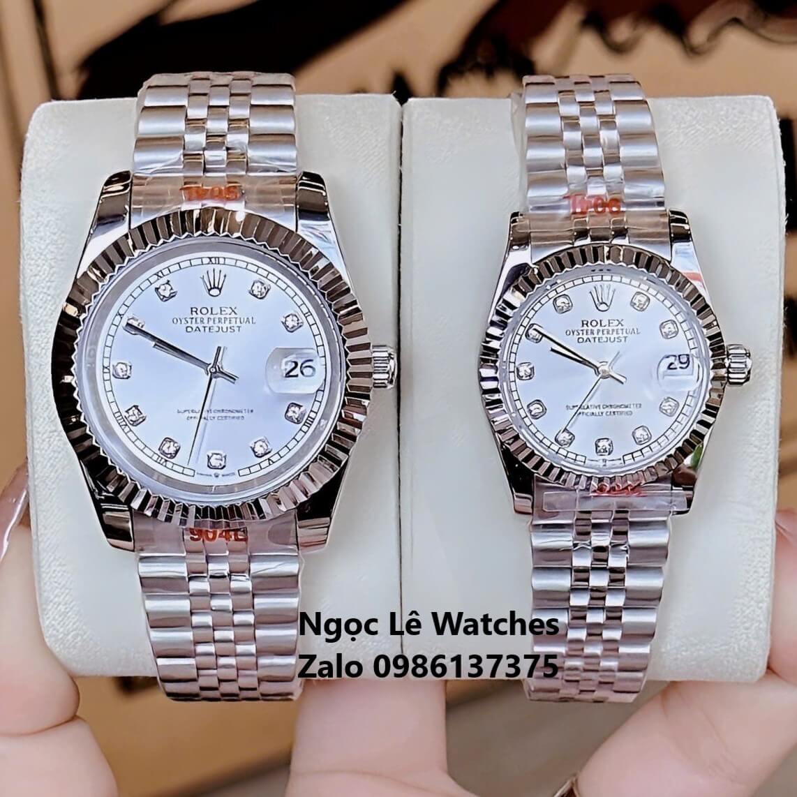Đồng Hồ Cặp Rolex Datejust Máy Pin Nam Nữ Bạc Mặt Trắng Viền Khía Size 41mm - 31mm