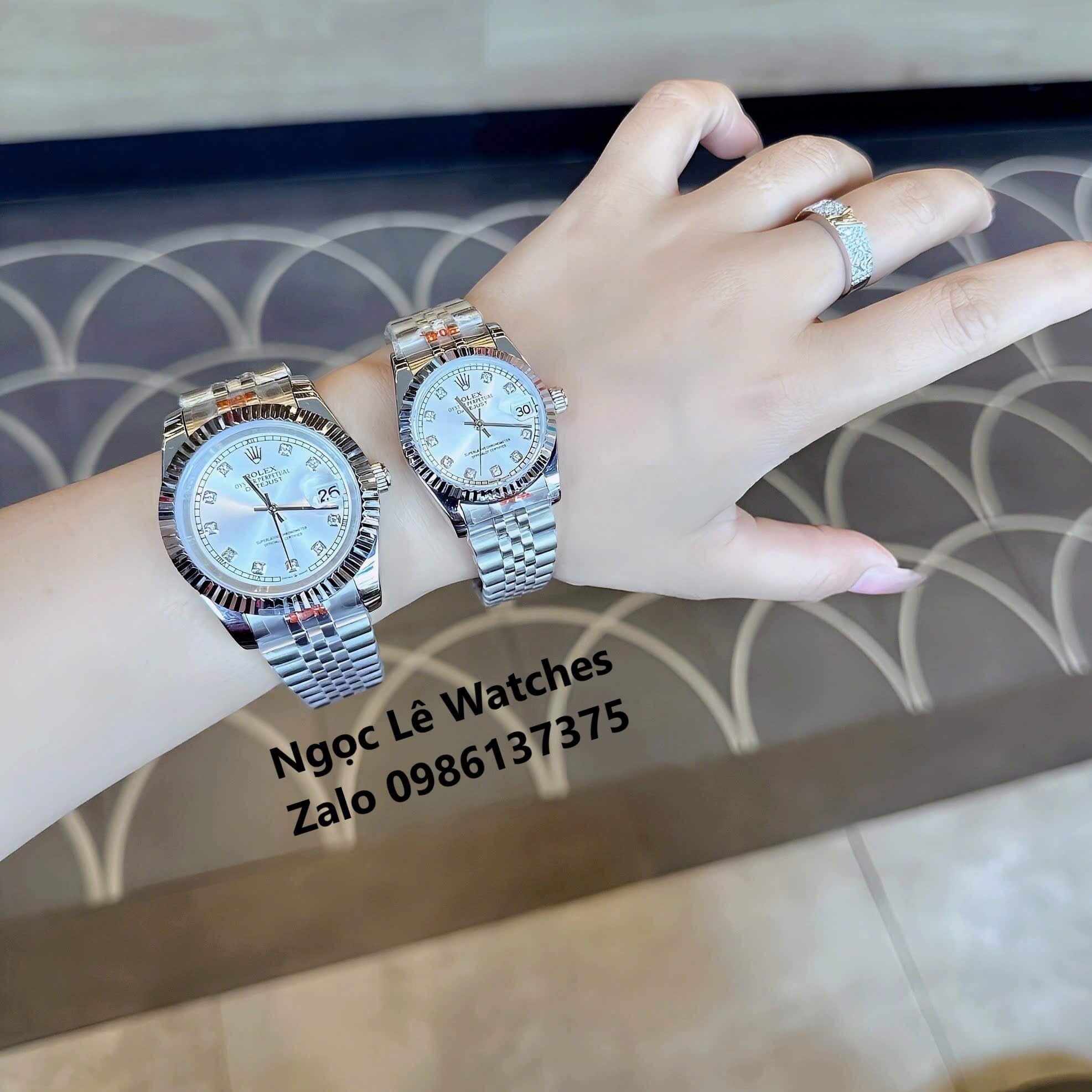 Đồng Hồ Cặp Rolex Datejust Máy Pin Nam Nữ Bạc Mặt Trắng Viền Khía Size 41mm - 31mm