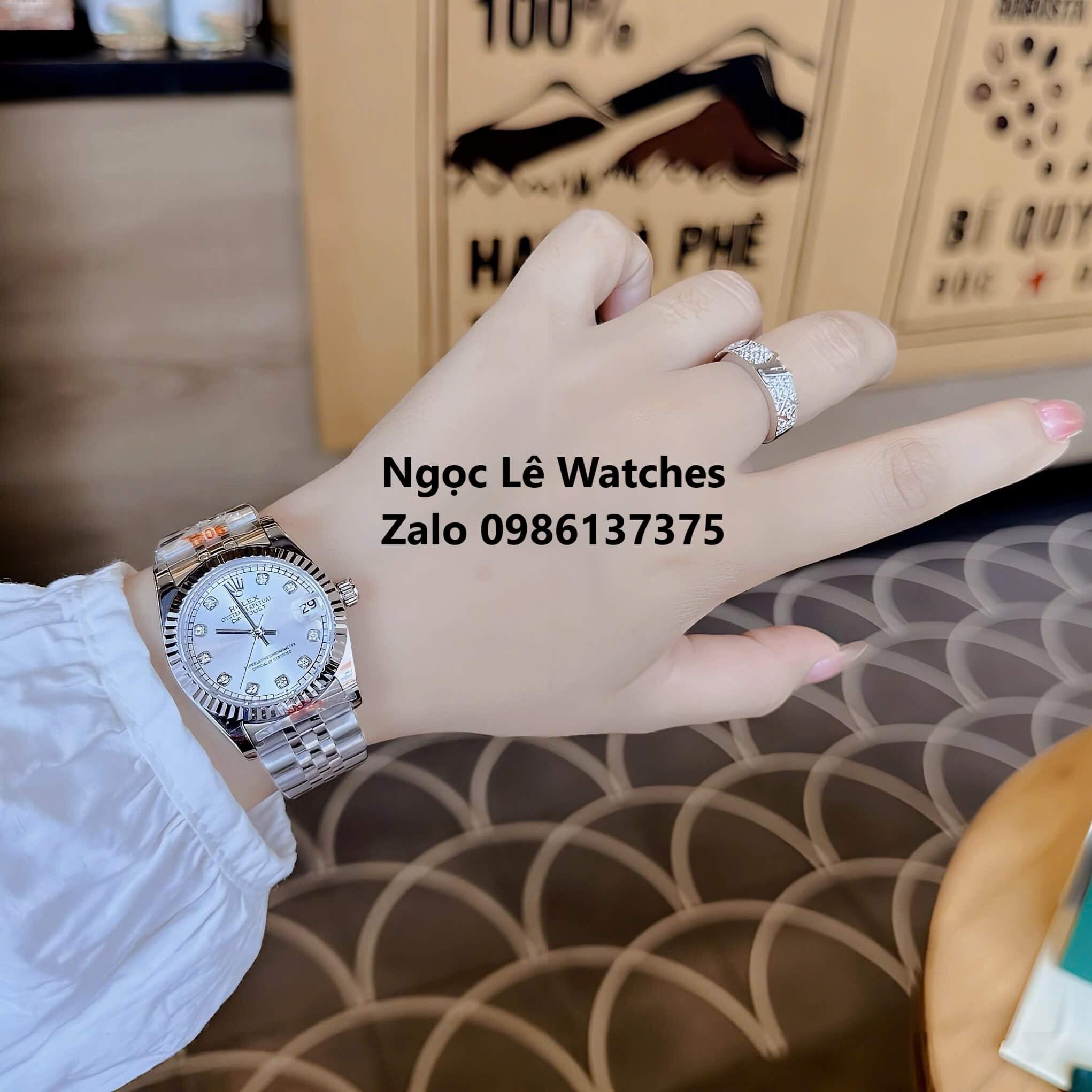 Đồng Hồ Cặp Rolex Datejust Máy Pin Nam Nữ Bạc Mặt Trắng Viền Khía Size 41mm - 31mm