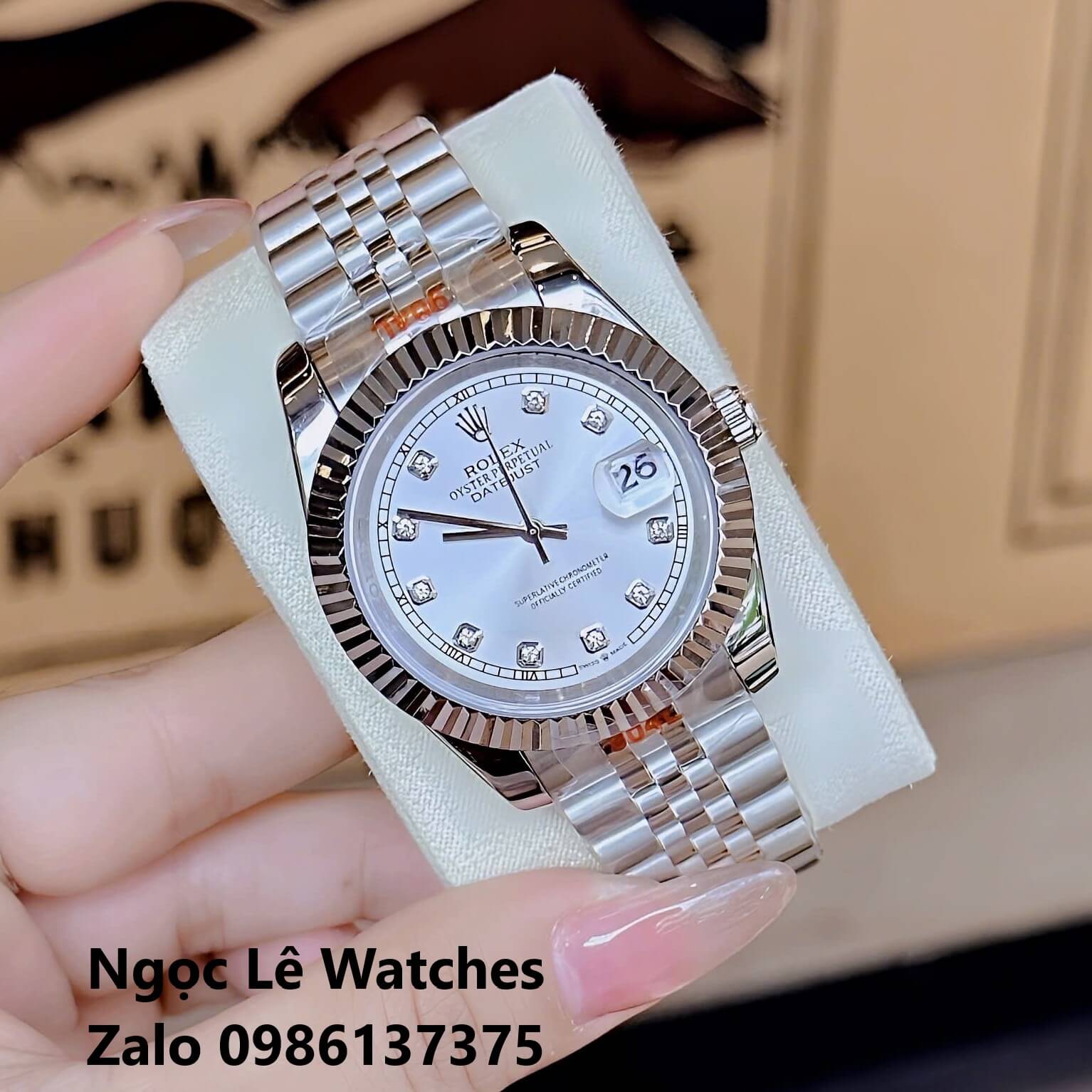 Đồng Hồ Cặp Rolex Datejust Máy Pin Nam Nữ Bạc Mặt Trắng Viền Khía Size 41mm - 31mm
