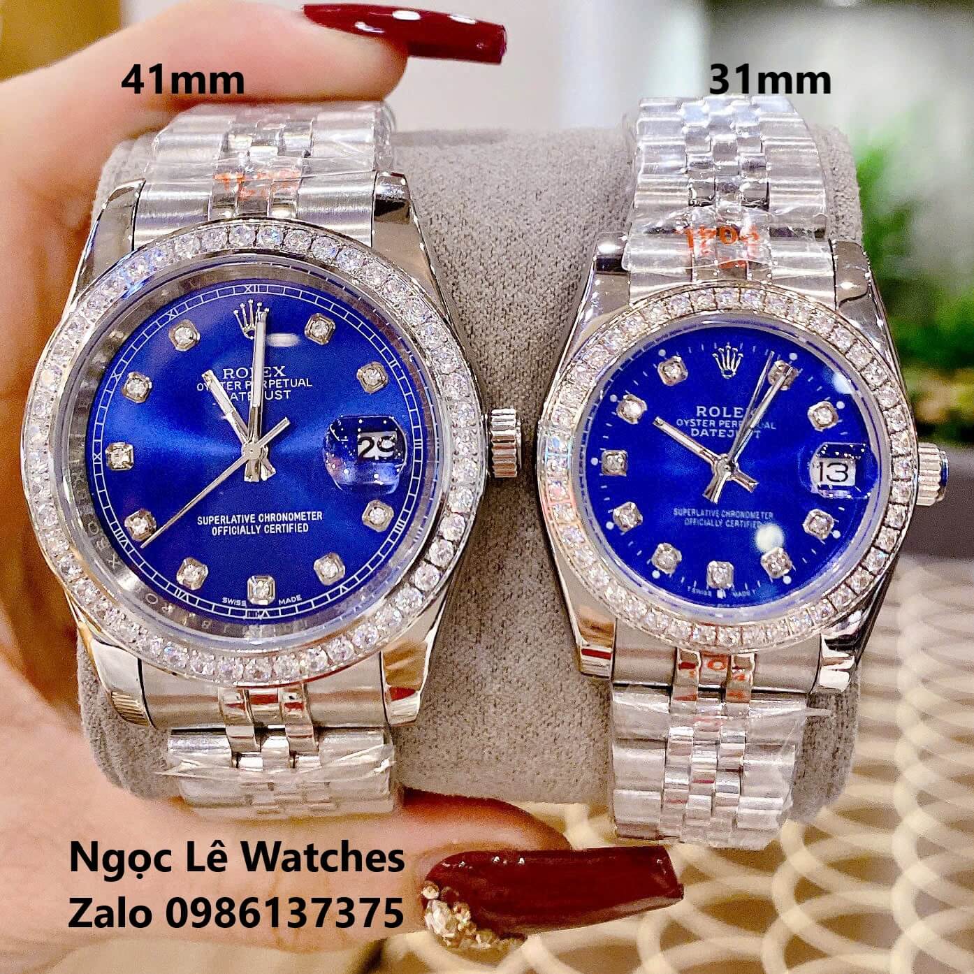 Đồng Hồ Cặp Rolex Datejust Máy Pin Nam Nữ Màu Bạc Mặt Xanh Navy Viền Đá Size 41mm-31mm