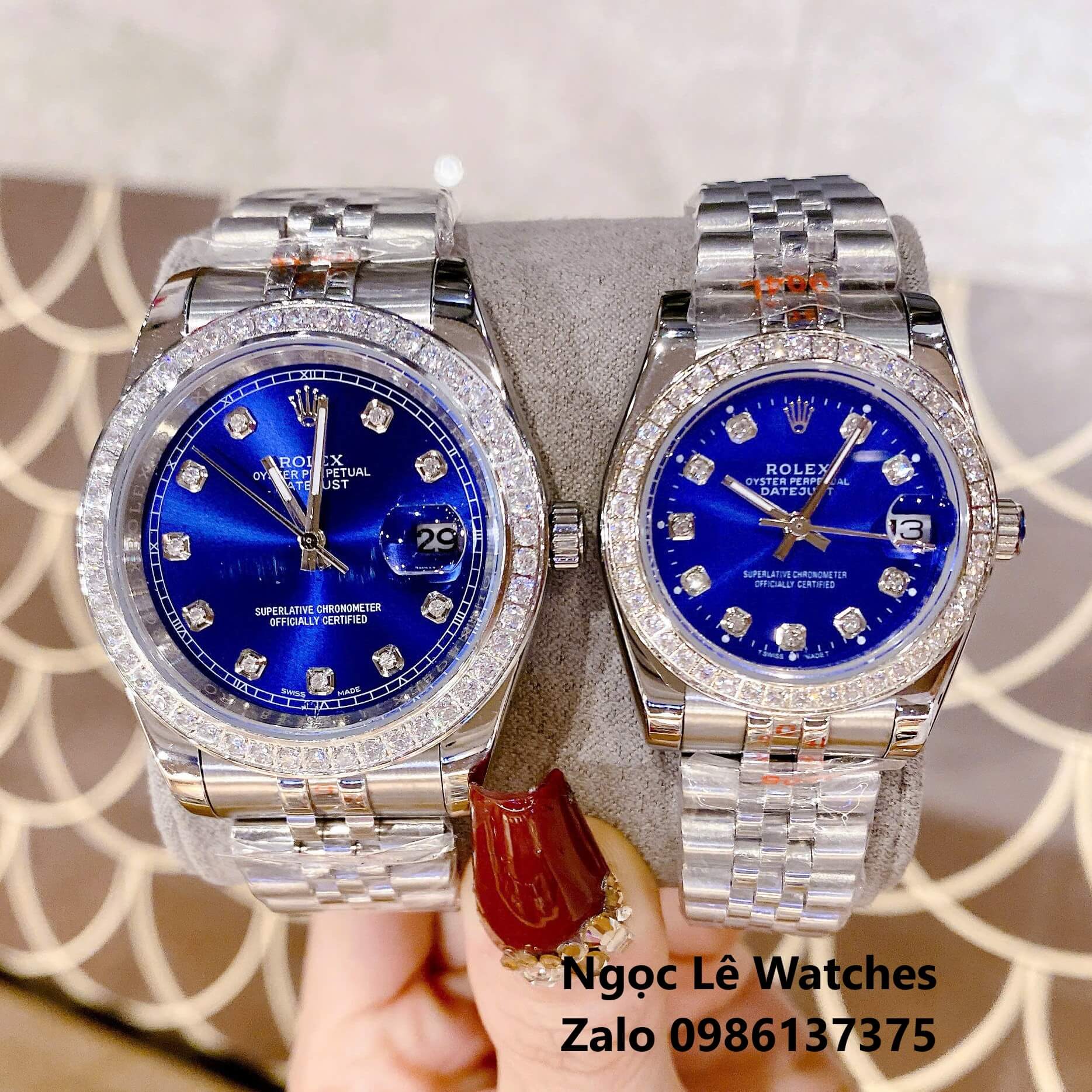 Đồng Hồ Cặp Rolex Datejust Máy Pin Nam Nữ Màu Bạc Mặt Xanh Navy Viền Đá Size 41mm-31mm