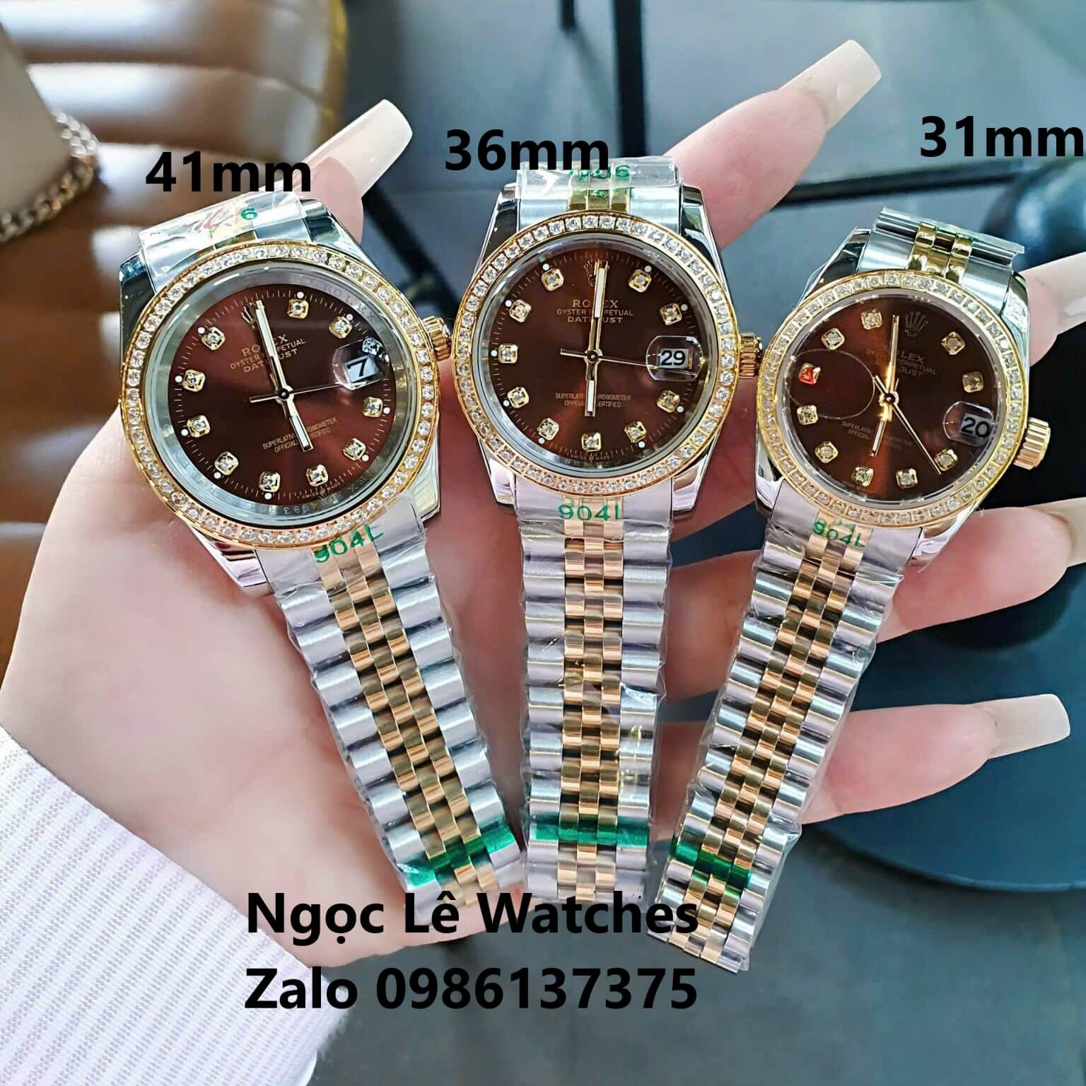 Đồng Hồ Cặp Rolex Datejust Máy Pin Nam Nữ Màu Demi Gold Mặt Nâu Viền Đá Size 41mm - 36mm - 31mm
