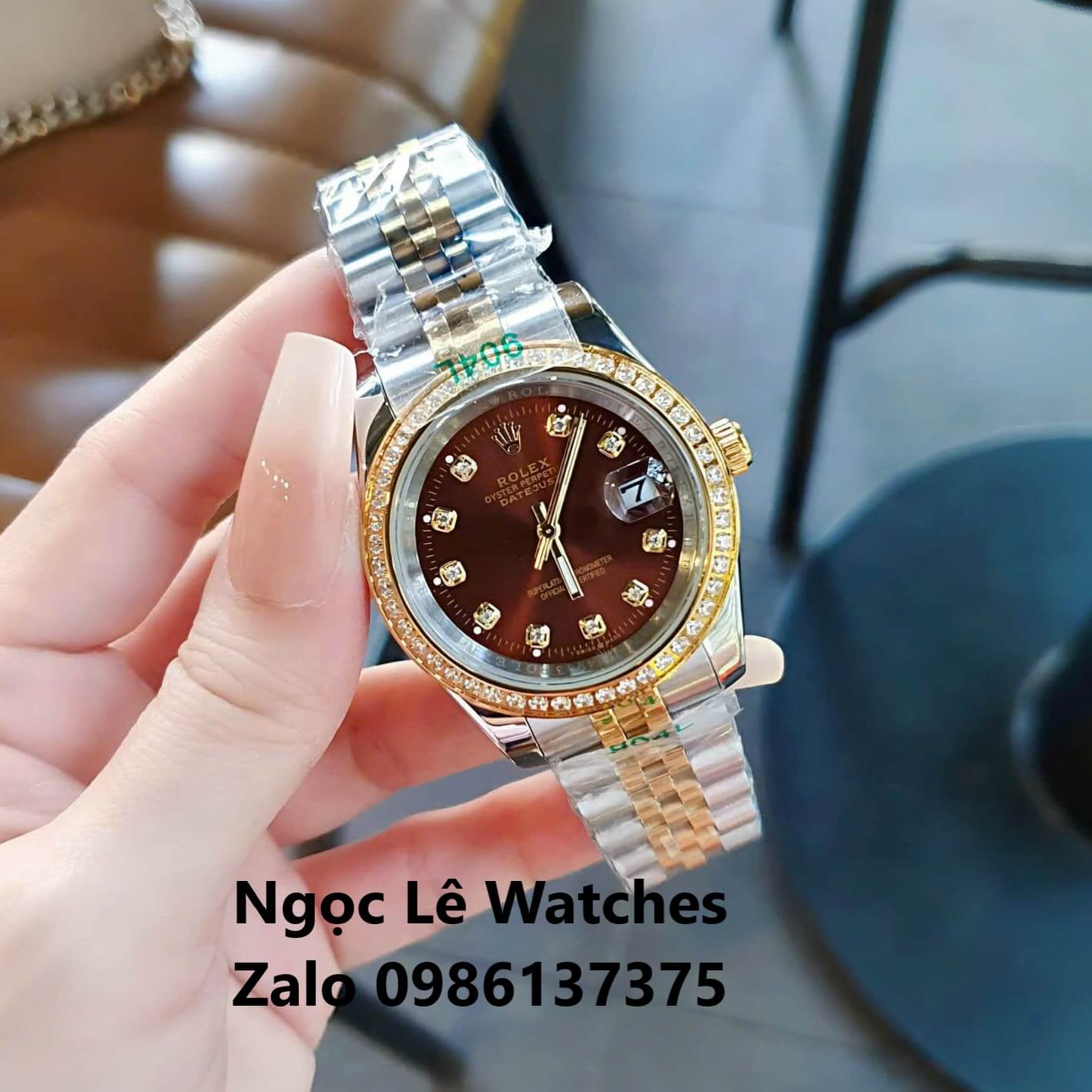 Đồng Hồ Cặp Rolex Datejust Máy Pin Nam Nữ Màu Demi Gold Mặt Nâu Viền Đá Size 41mm - 36mm - 31mm