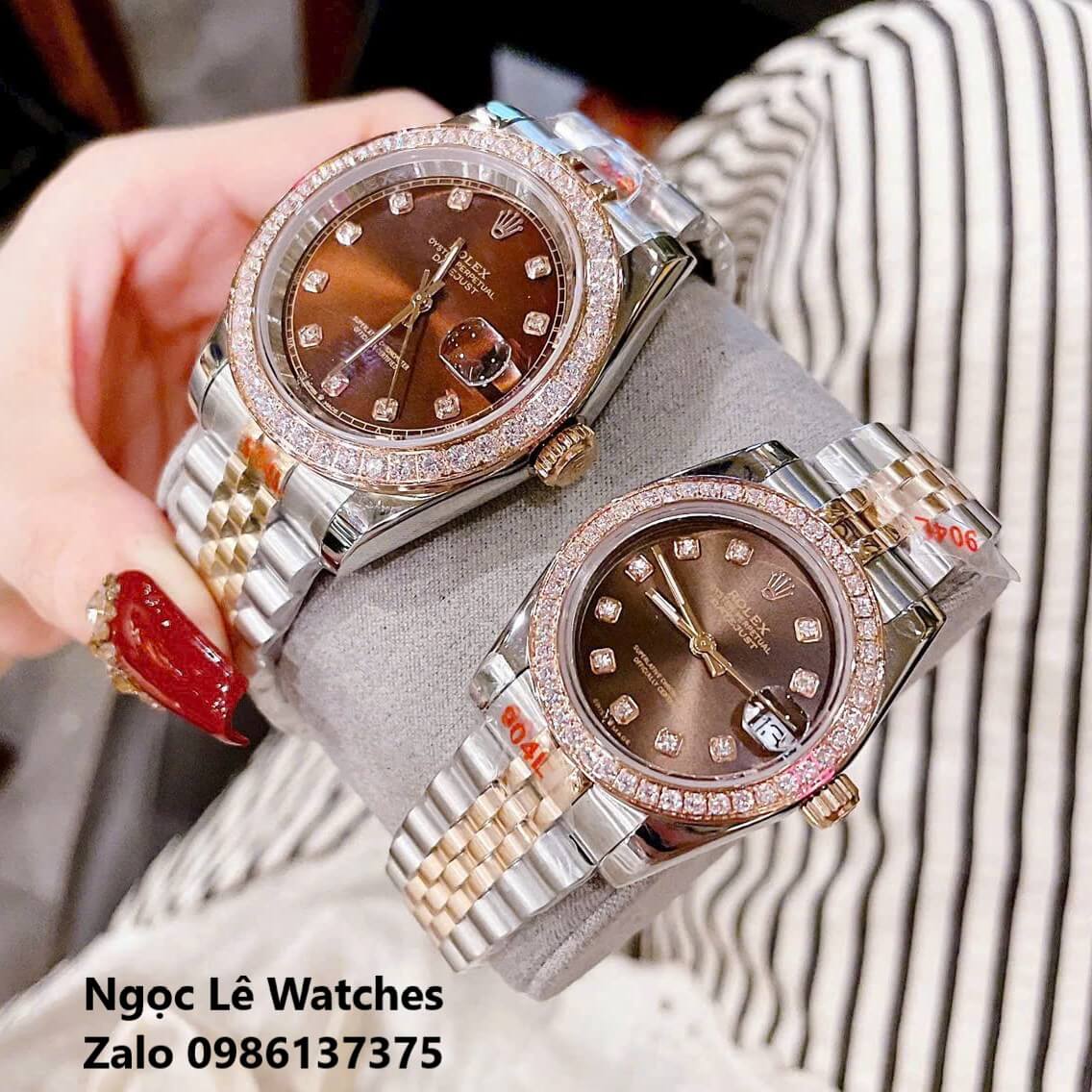 Đồng Hồ Cặp Rolex Datejust Máy Pin Nam Nữ Màu Demi Rose Mặt Nâu Viền Đá Size 41mm - 31mm