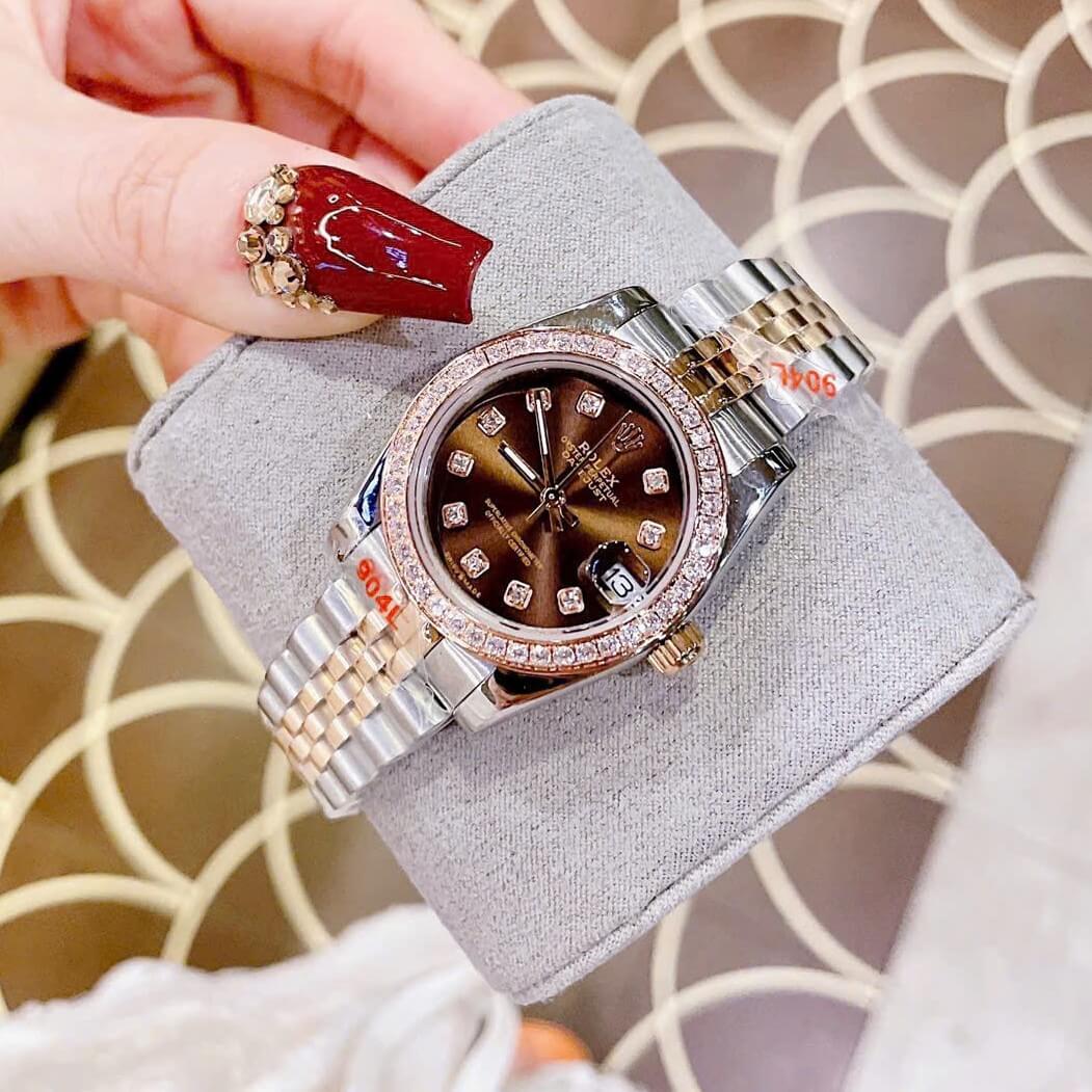 Đồng Hồ Cặp Rolex Datejust Máy Pin Nam Nữ Màu Demi Rose Mặt Nâu Viền Đá Size 41mm - 31mm