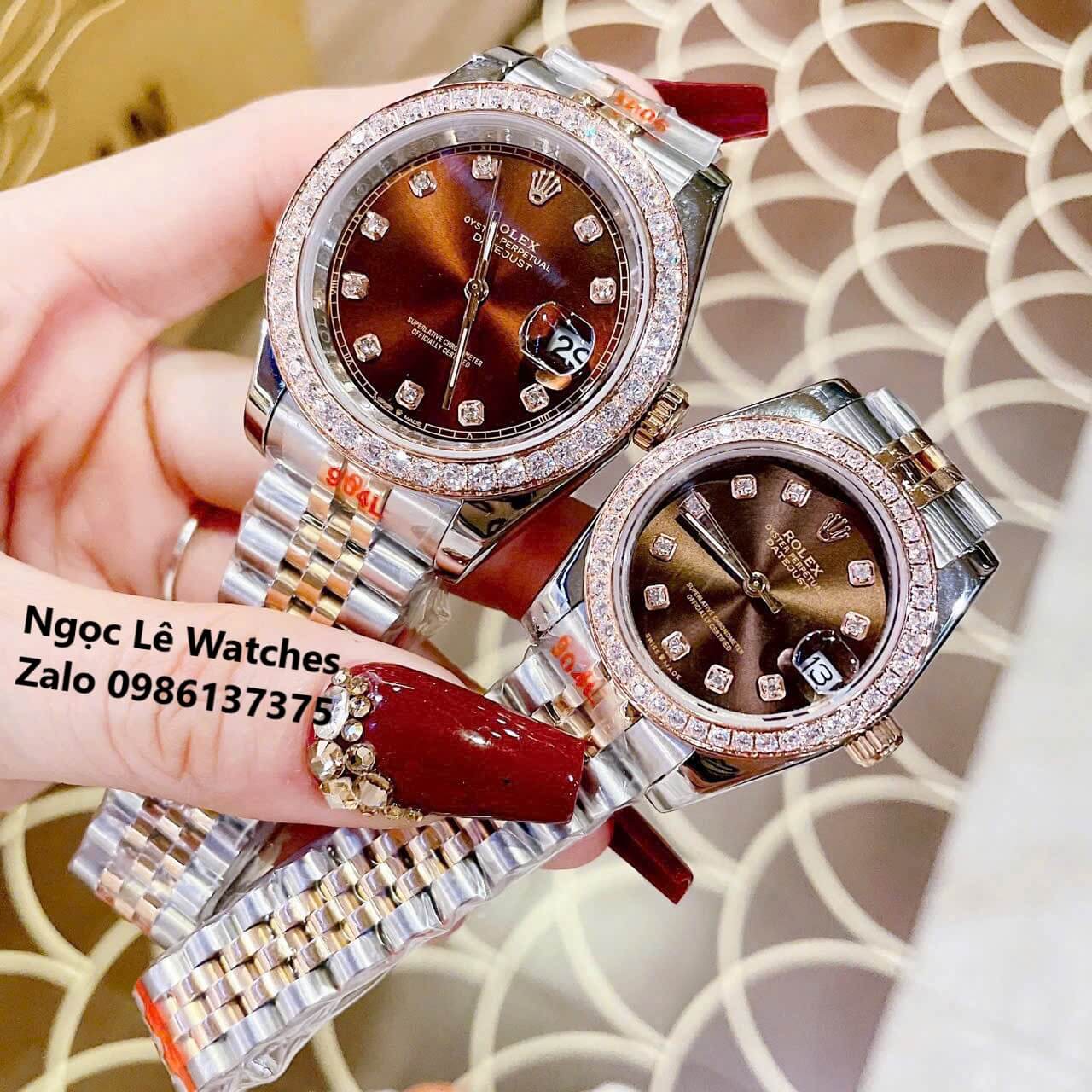 Đồng Hồ Cặp Rolex Datejust Máy Pin Nam Nữ Màu Demi Rose Mặt Nâu Viền Đá Size 41mm - 31mm