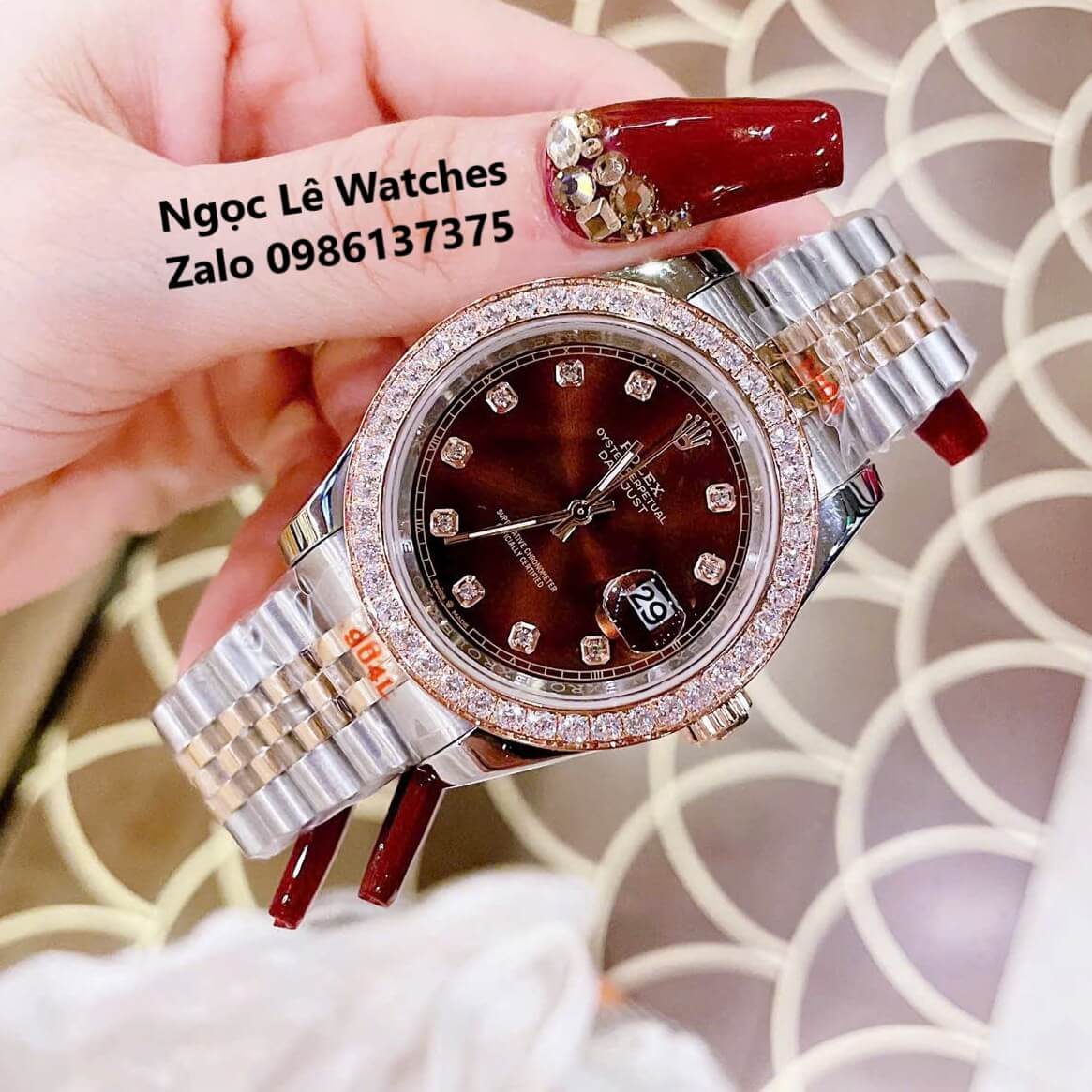 Đồng Hồ Cặp Rolex Datejust Máy Pin Nam Nữ Màu Demi Rose Mặt Nâu Viền Đá Size 41mm - 31mm