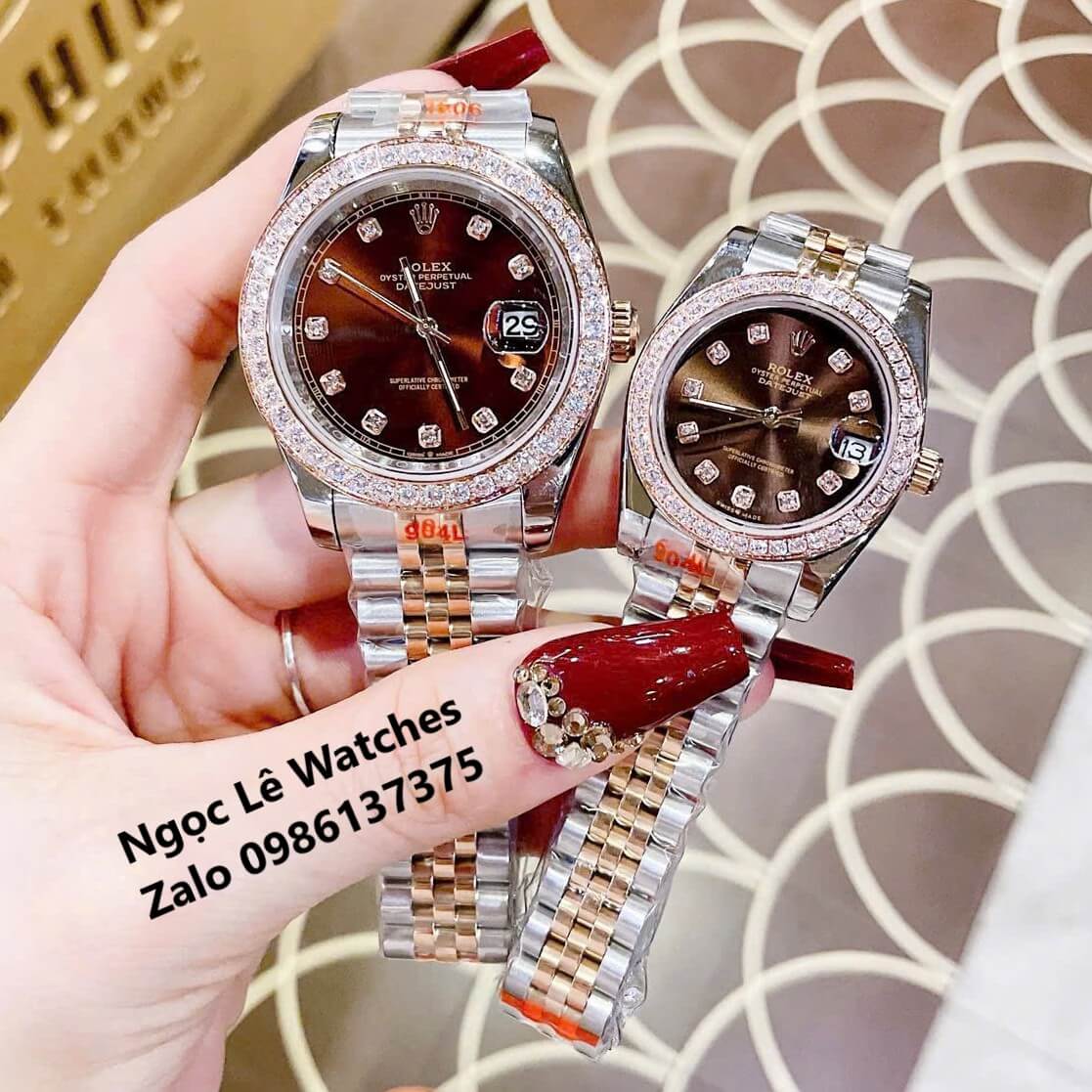Đồng Hồ Cặp Rolex Datejust Máy Pin Nam Nữ Màu Demi Rose Mặt Nâu Viền Đá Size 41mm - 31mm