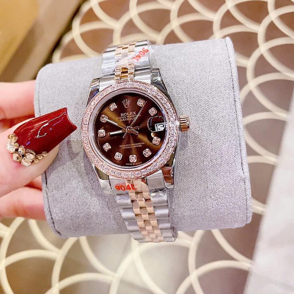 Đồng Hồ Cặp Rolex Datejust Máy Pin Nam Nữ Màu Demi Rose Mặt Nâu Viền Đá Size 41mm - 31mm