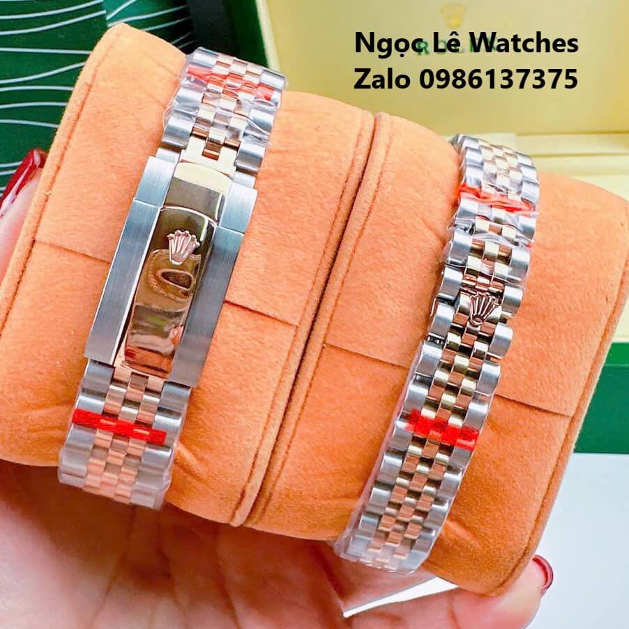 Đồng Hồ Cặp Rolex Datejust Máy Pin Nam Nữ Màu Demi Rose Mặt Nâu Viền Đá Size 41mm - 31mm