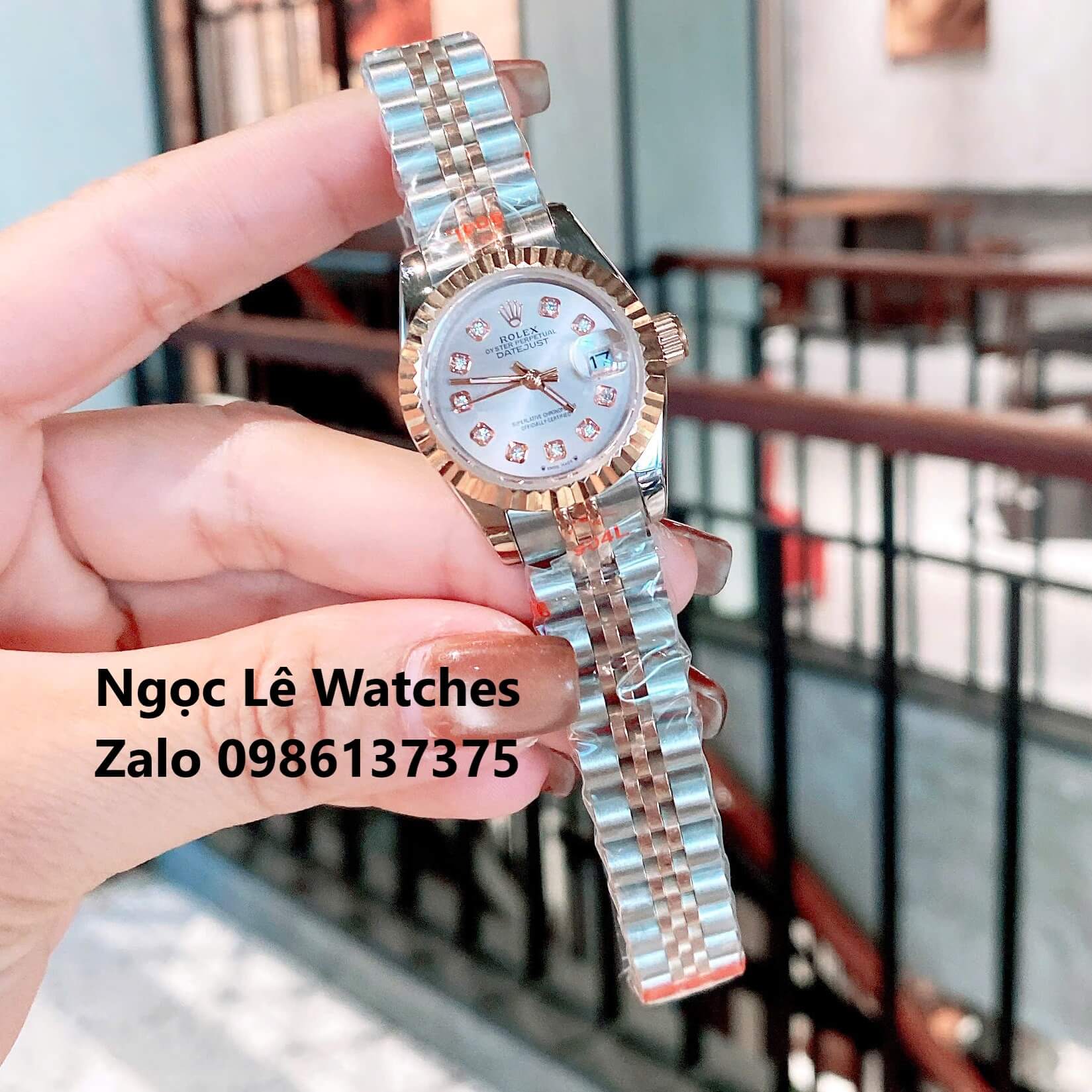 Đồng Hồ Cặp Rolex Datejust Máy Pin Nam Nữ Màu Demi Rose Viền Khía Size 41mm-28mm