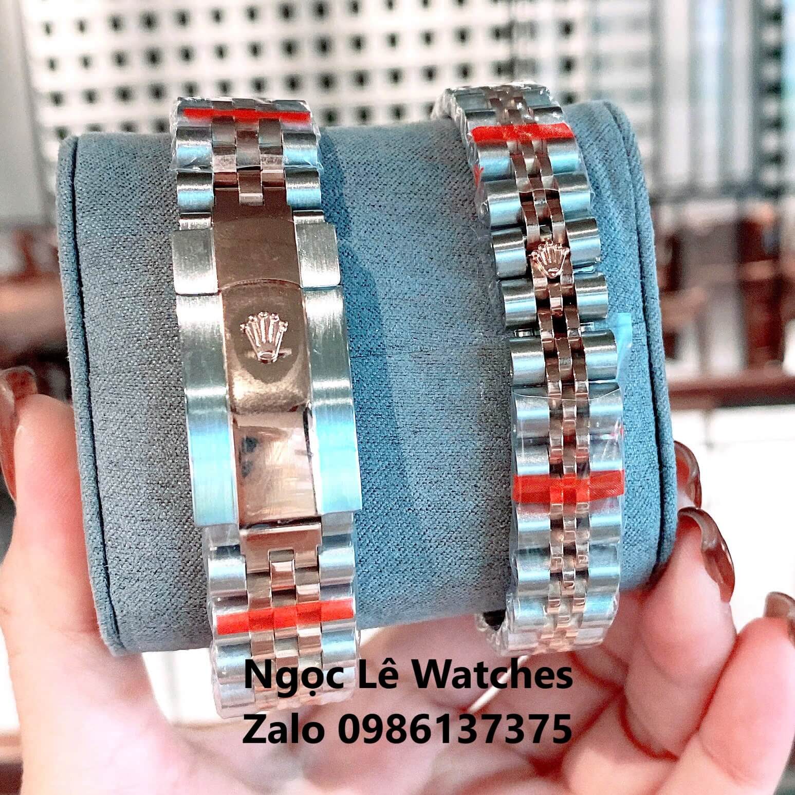 Đồng Hồ Cặp Rolex Datejust Máy Pin Nam Nữ Màu Demi Rose Viền Khía Size 41mm-28mm