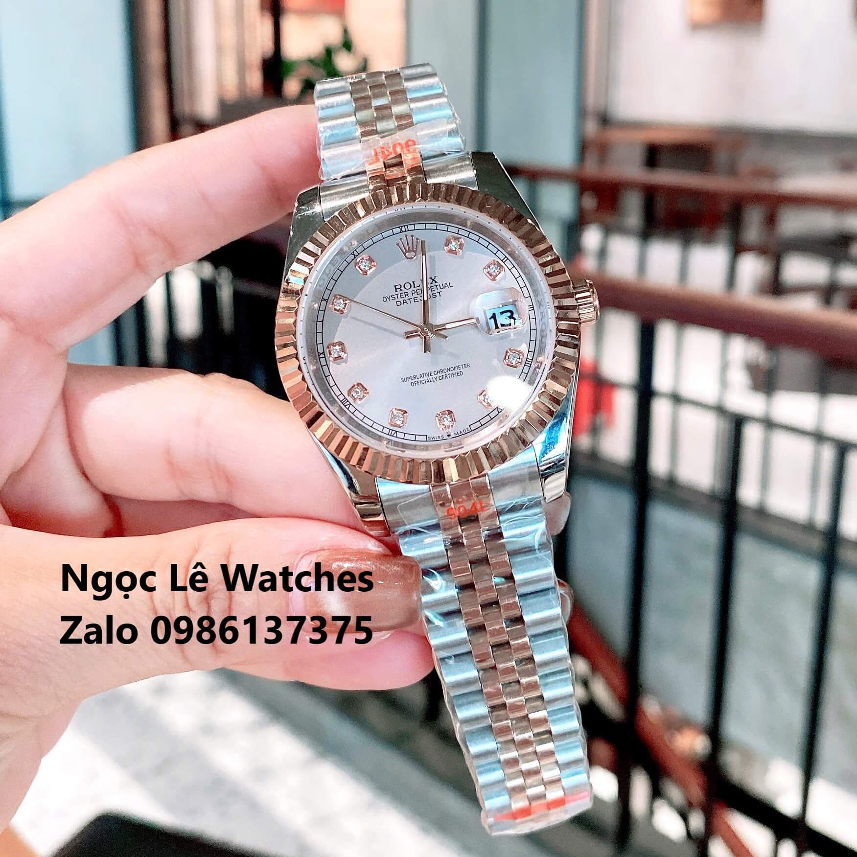 Đồng Hồ Cặp Rolex Datejust Máy Pin Nam Nữ Màu Demi Rose Viền Khía Size 41mm-28mm