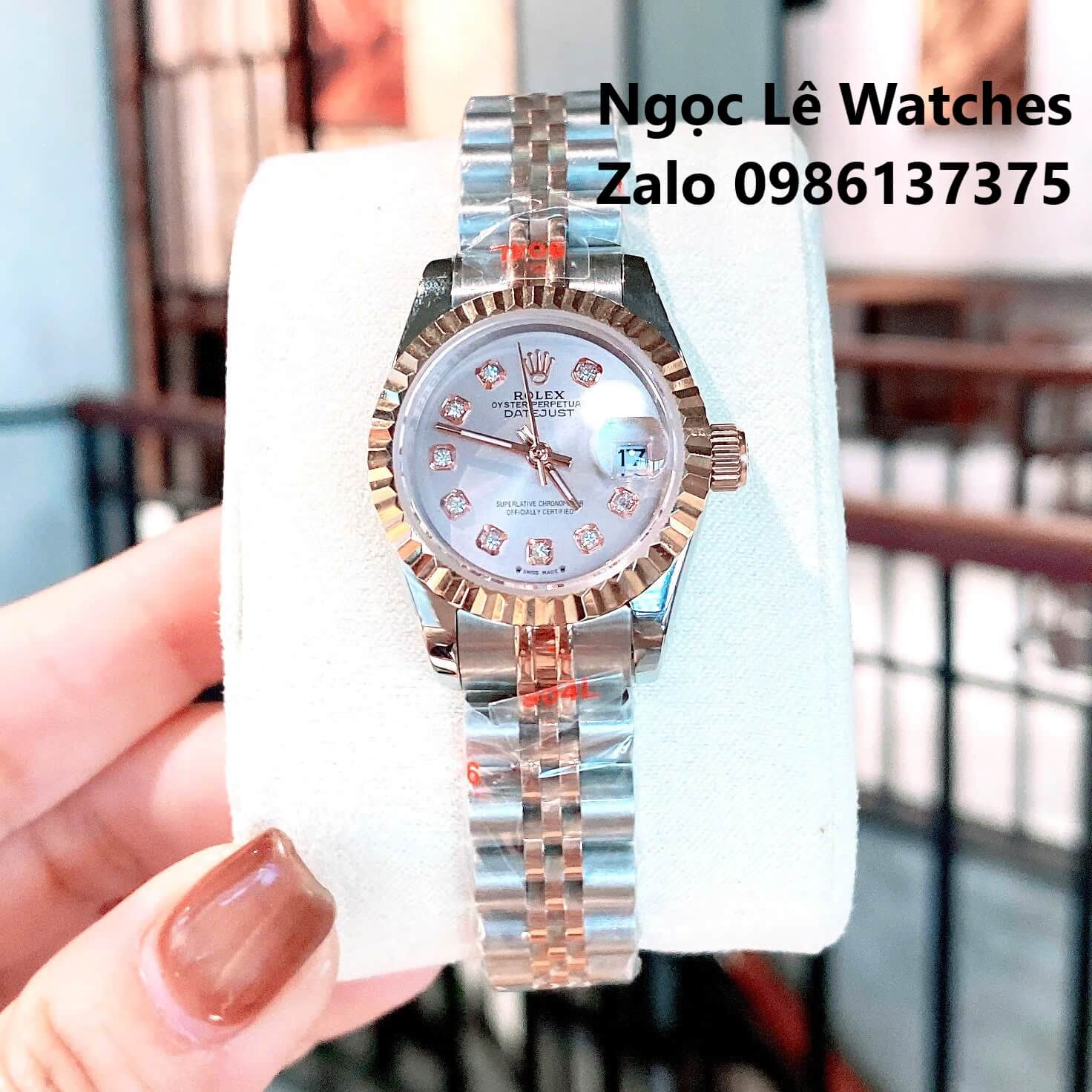 Đồng Hồ Cặp Rolex Datejust Máy Pin Nam Nữ Màu Demi Rose Viền Khía Size 41mm-28mm