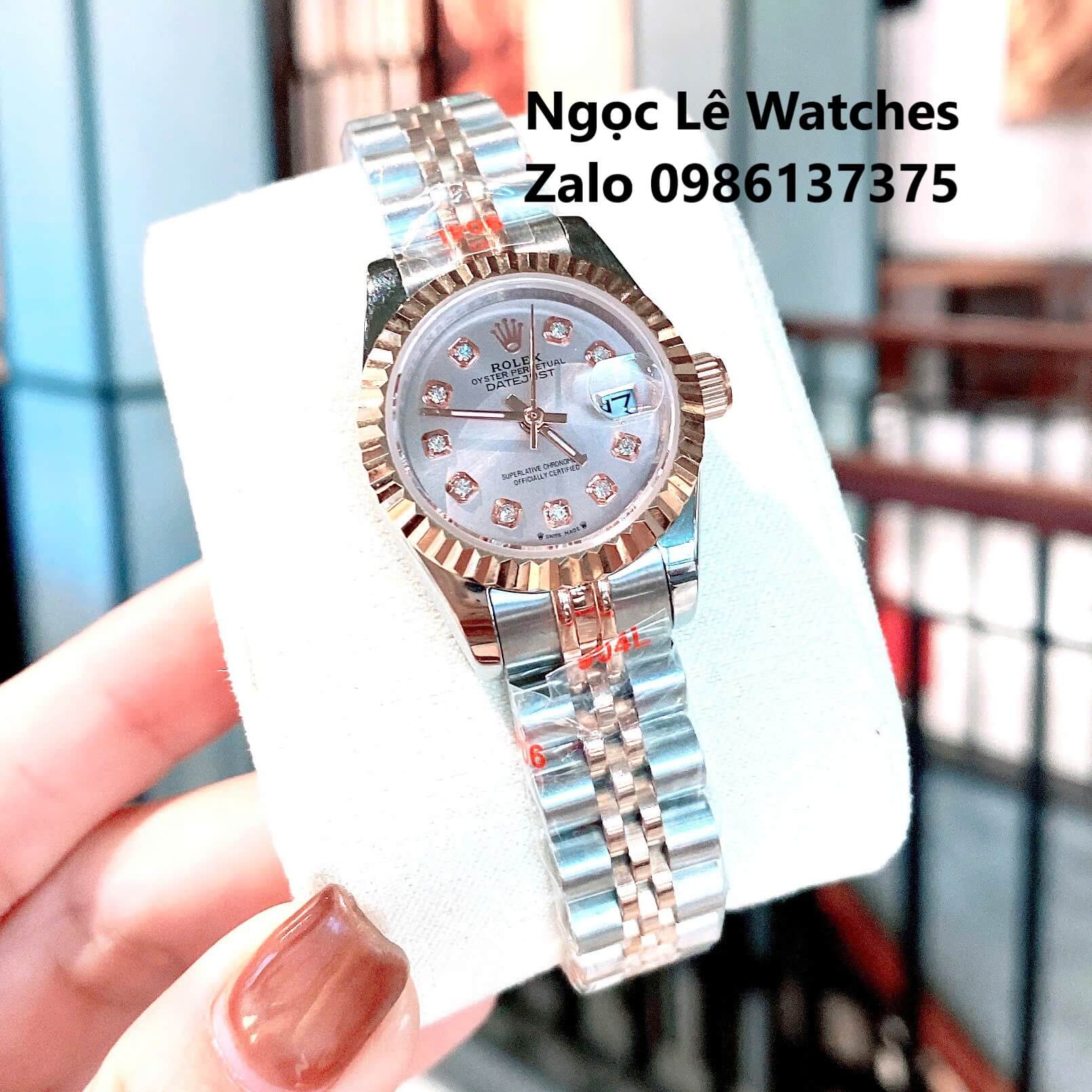 Đồng Hồ Cặp Rolex Datejust Máy Pin Nam Nữ Màu Demi Rose Viền Khía Size 41mm-28mm