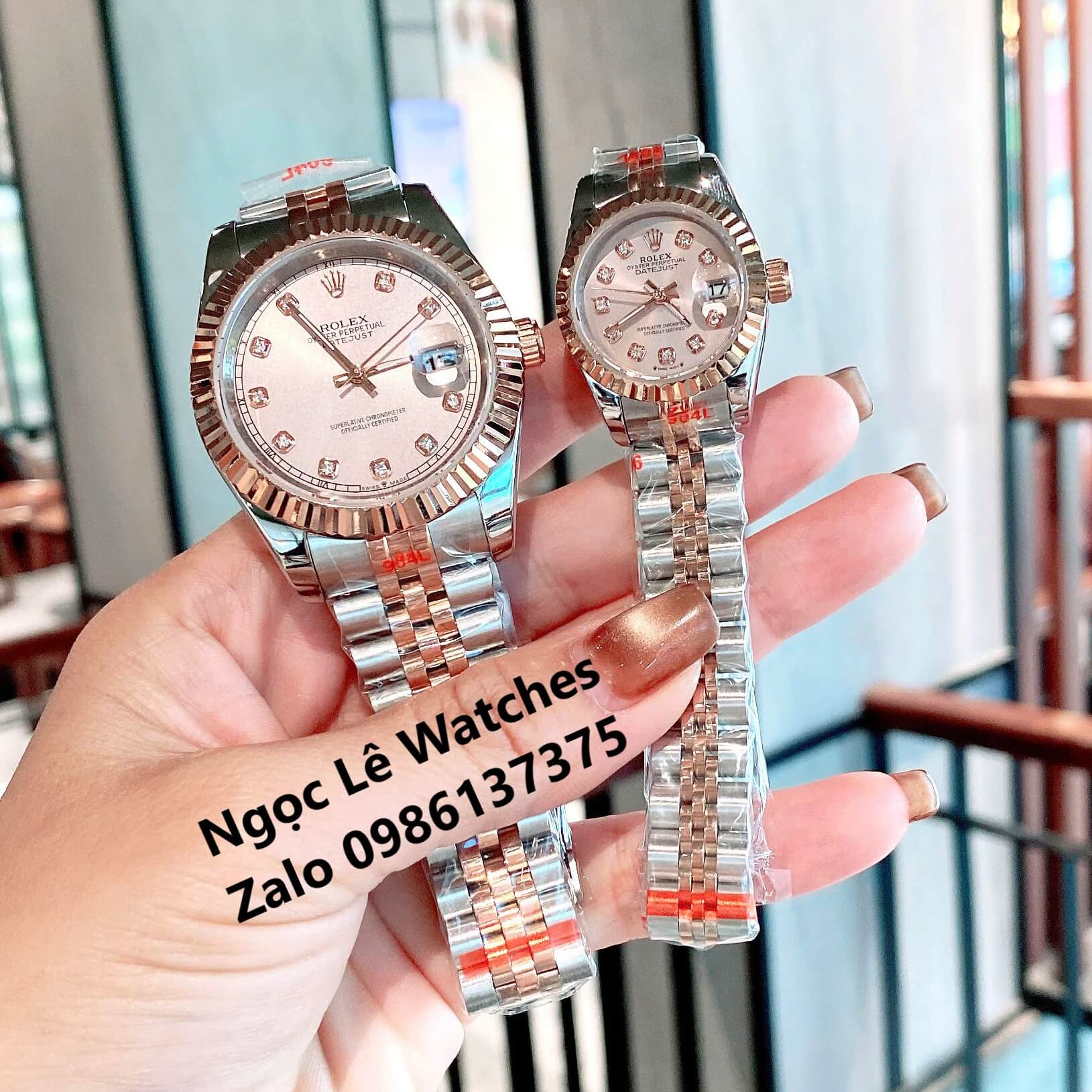 Đồng Hồ Cặp Rolex Datejust Máy Pin Nam Nữ Màu Demi Rose Viền Khía Size 41mm-28mm