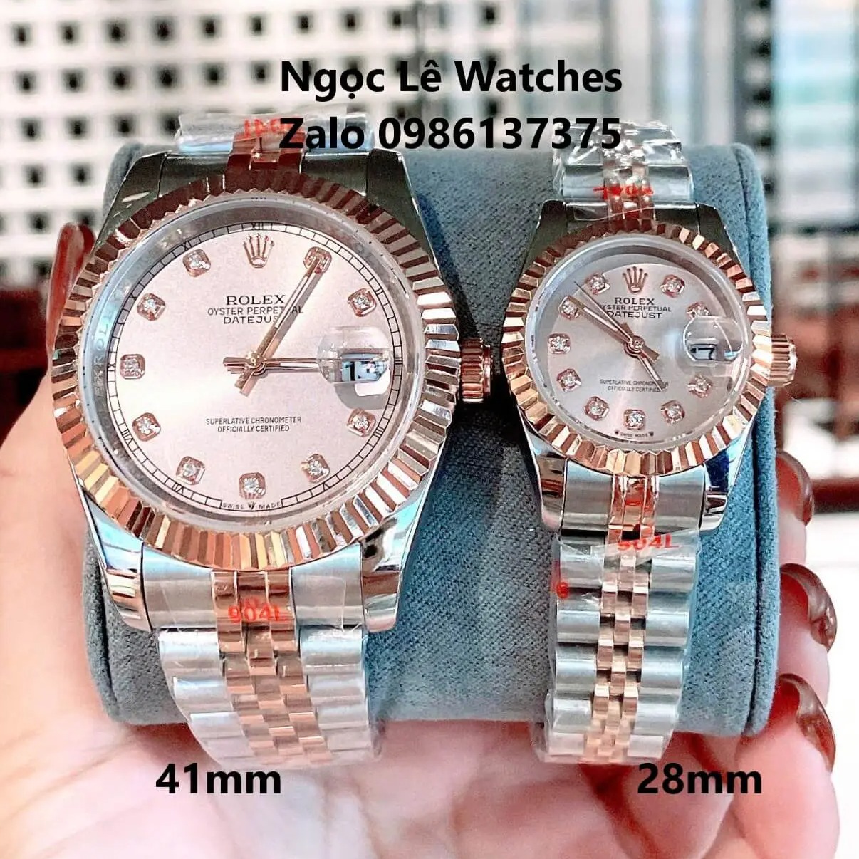 Đồng Hồ Cặp Rolex Datejust Máy Pin Nam Nữ Màu Demi Rose Viền Khía Size 41mm-28mm