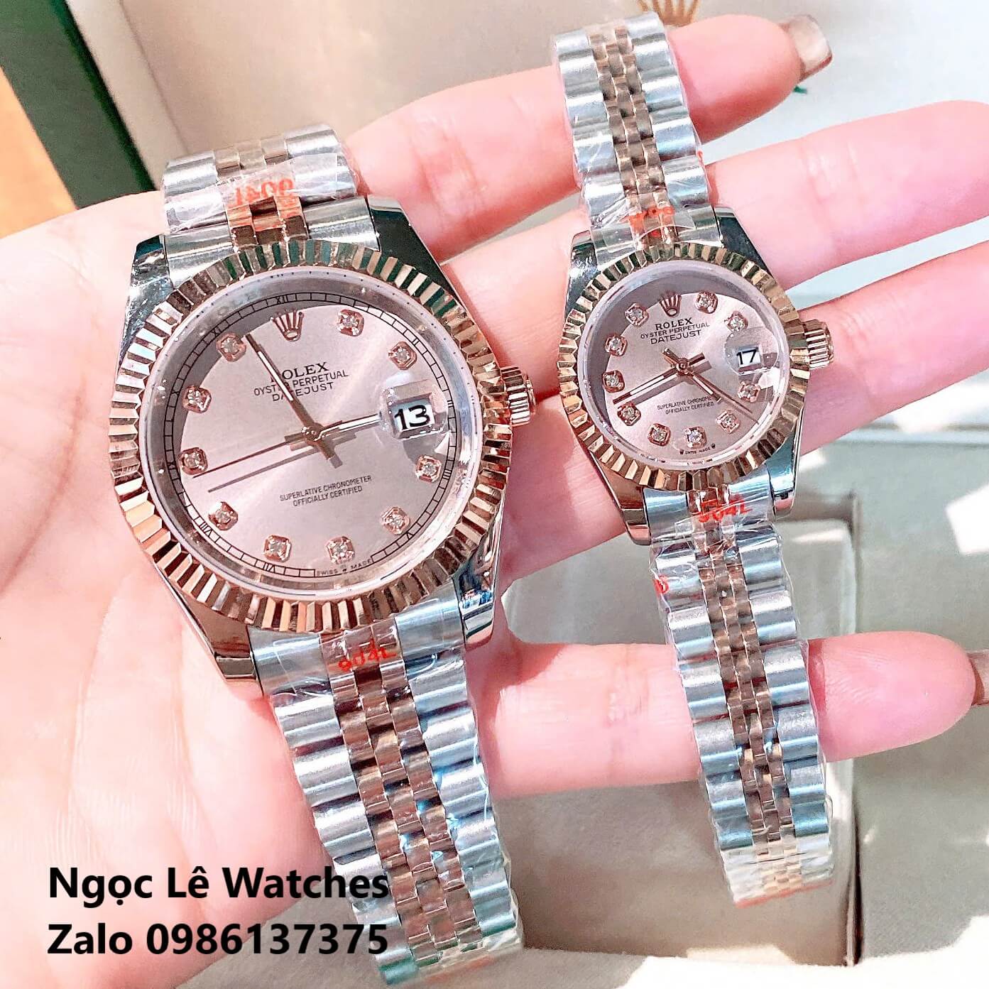 Đồng Hồ Cặp Rolex Datejust Máy Pin Nam Nữ Màu Demi Rose Viền Khía Size 41mm-28mm