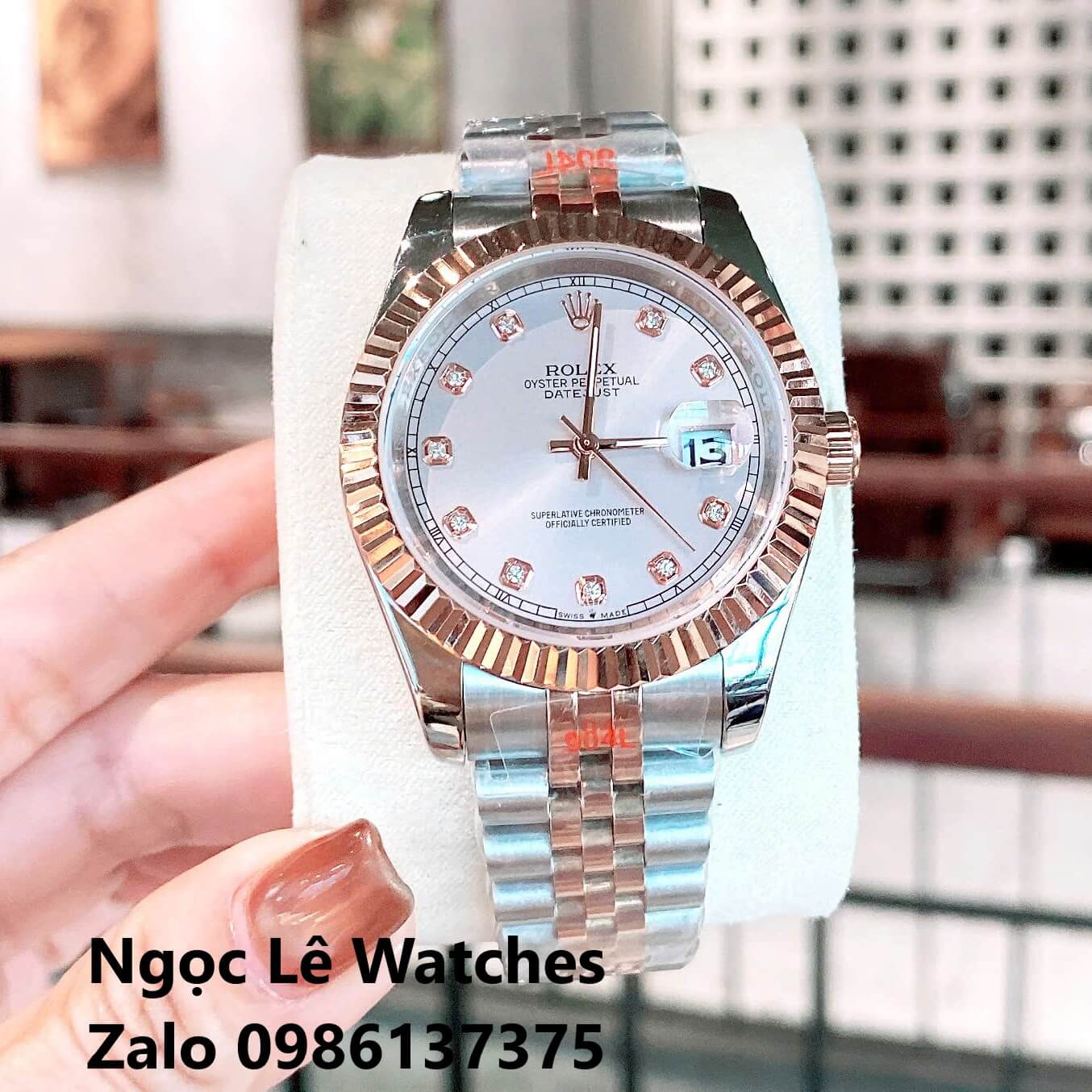 Đồng Hồ Cặp Rolex Datejust Máy Pin Nam Nữ Màu Demi Rose Viền Khía Size 41mm-28mm