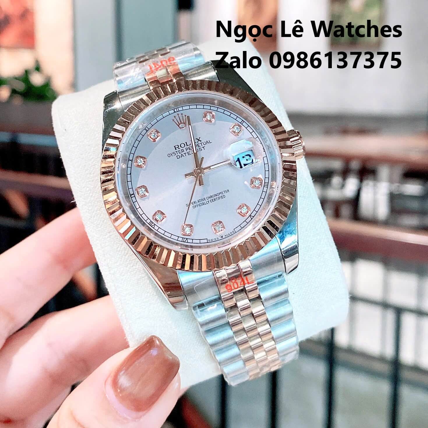 Đồng Hồ Cặp Rolex Datejust Máy Pin Nam Nữ Màu Demi Rose Viền Khía Size 41mm-28mm