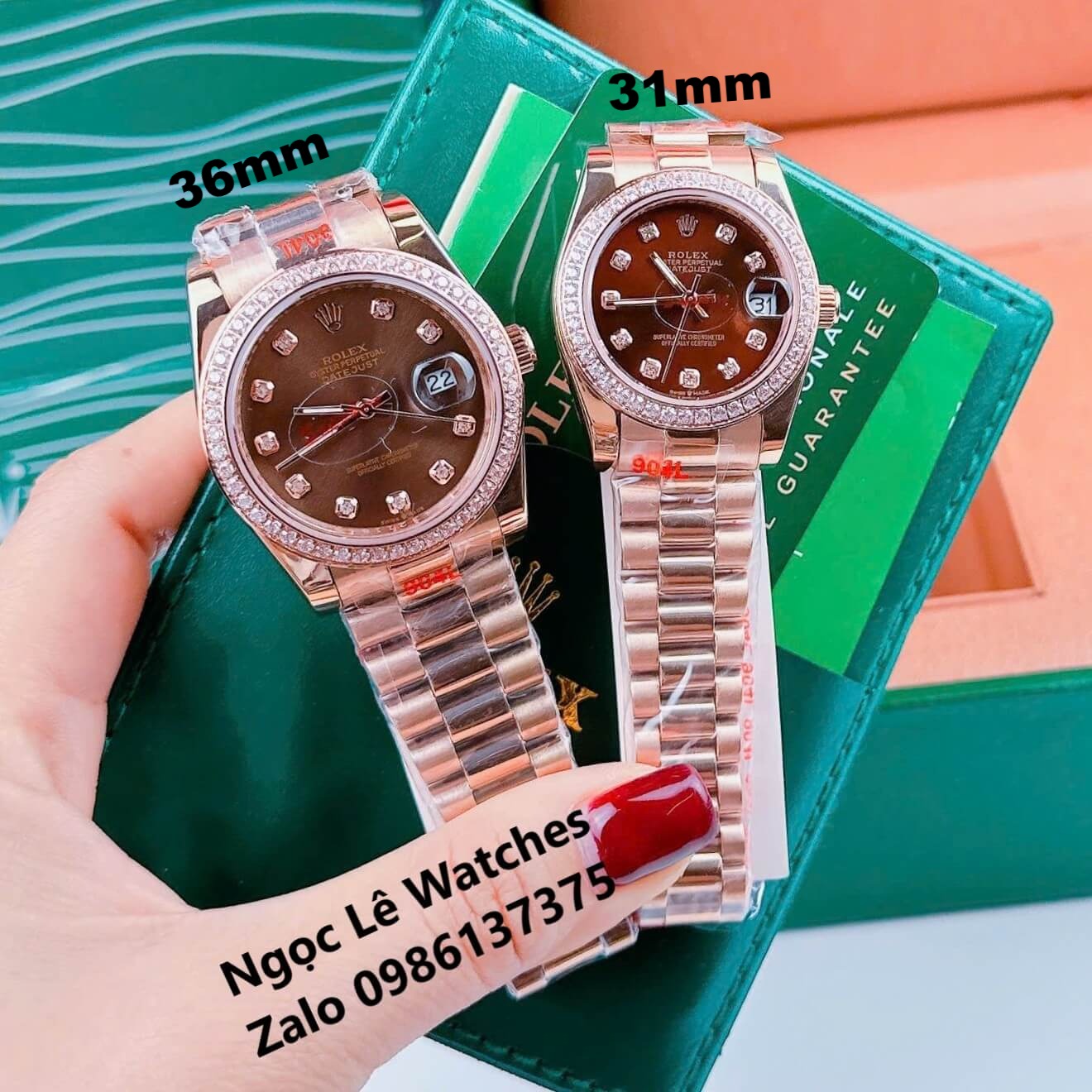 Đồng Hồ Cặp Rolex Datejust Máy Pin Màu Vàng Hồng Mặt Nâu Viền Đá Size 36mm - 31mm