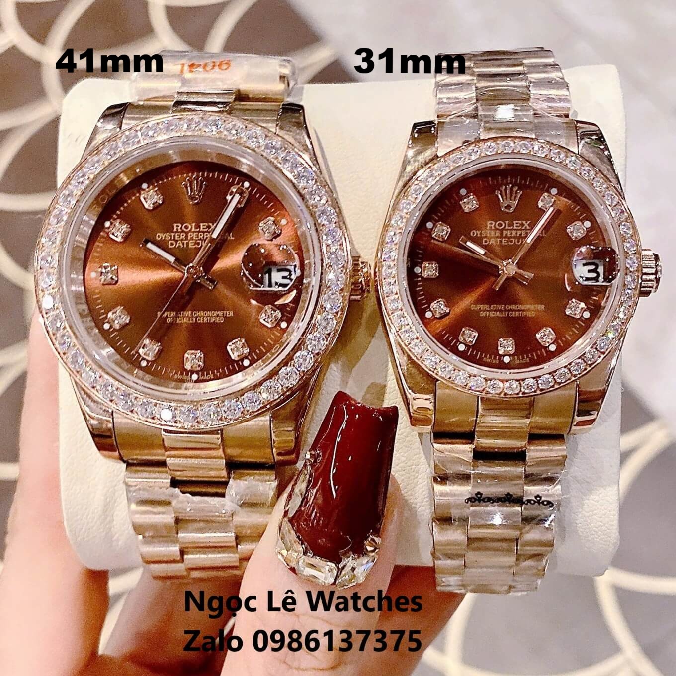 Đồng Hồ Cặp Rolex Datejust Máy Pin Nam Nữ Màu Rose Mặt Nâu Viền Đá Size 41mm - 31mm