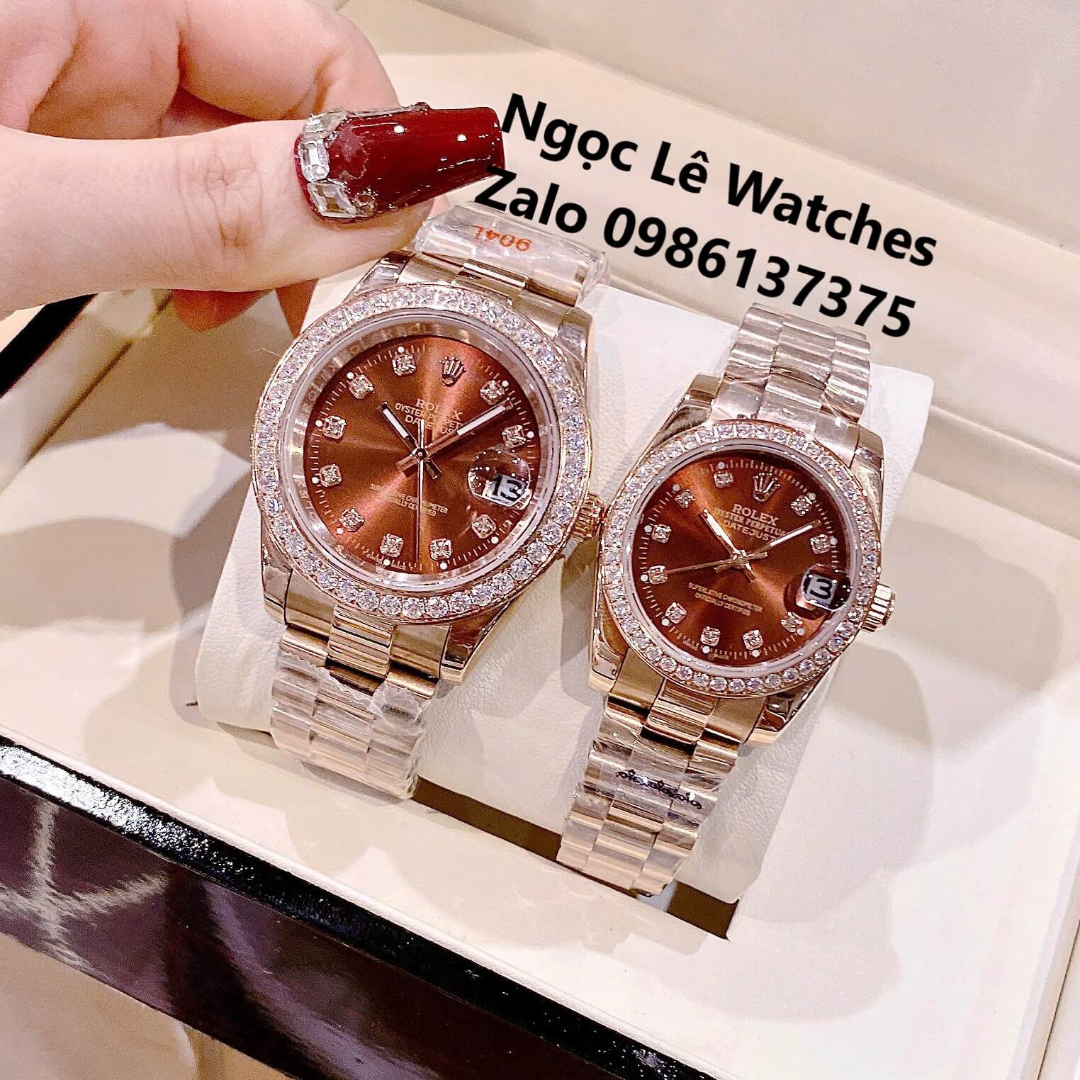 Đồng Hồ Cặp Rolex Datejust Máy Pin Nam Nữ Màu Rose Mặt Nâu Viền Đá Size 41mm - 31mm