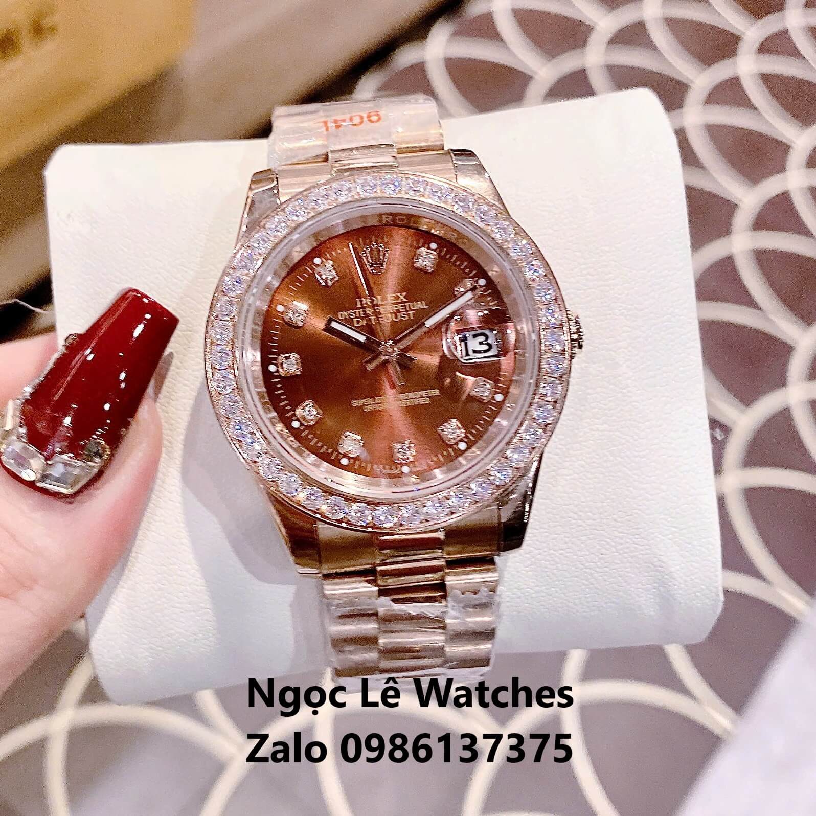 Đồng Hồ Cặp Rolex Datejust Máy Pin Nam Nữ Màu Rose Mặt Nâu Viền Đá Size 41mm - 31mm
