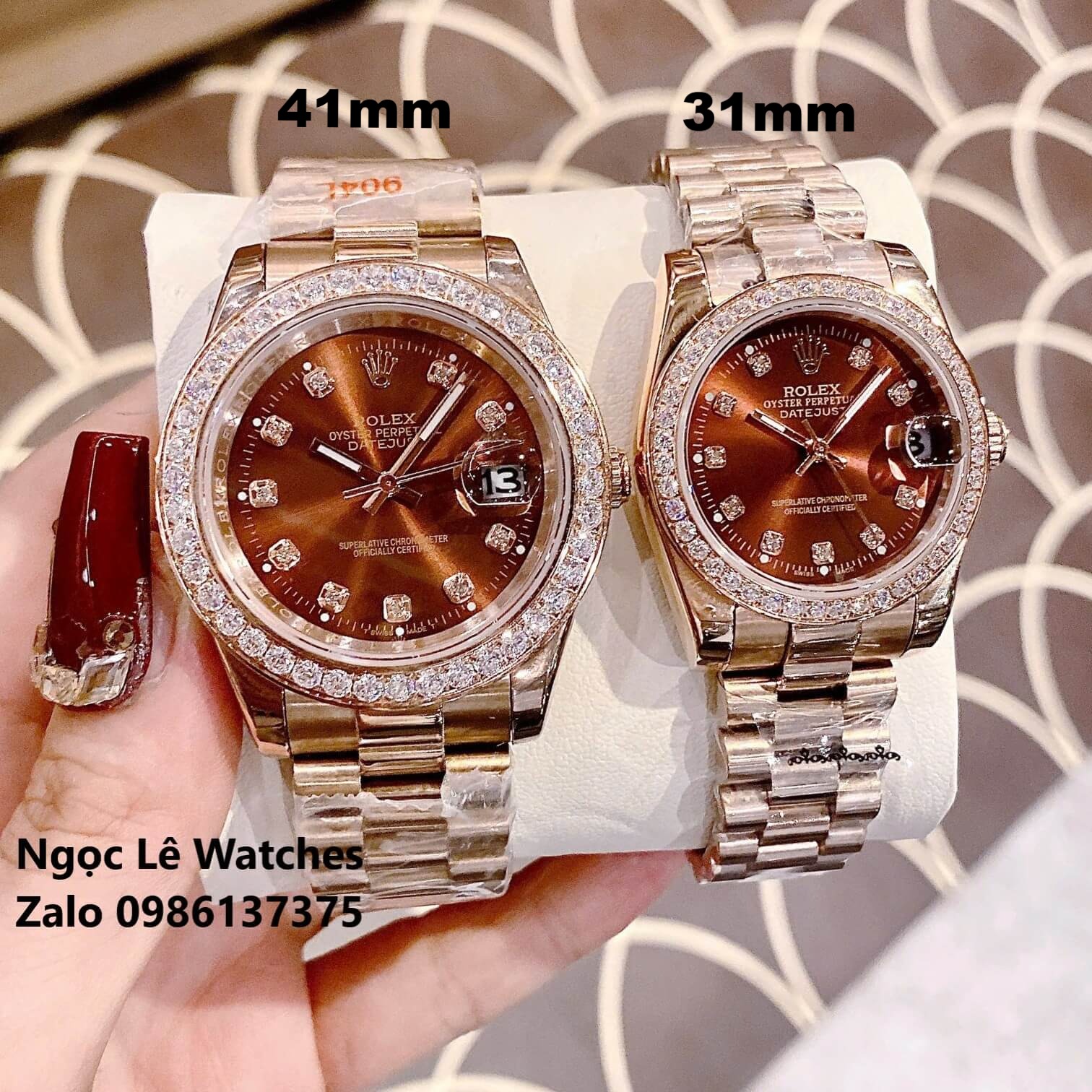 Đồng Hồ Cặp Rolex Datejust Máy Pin Nam Nữ Màu Rose Mặt Nâu Viền Đá Size 41mm - 31mm