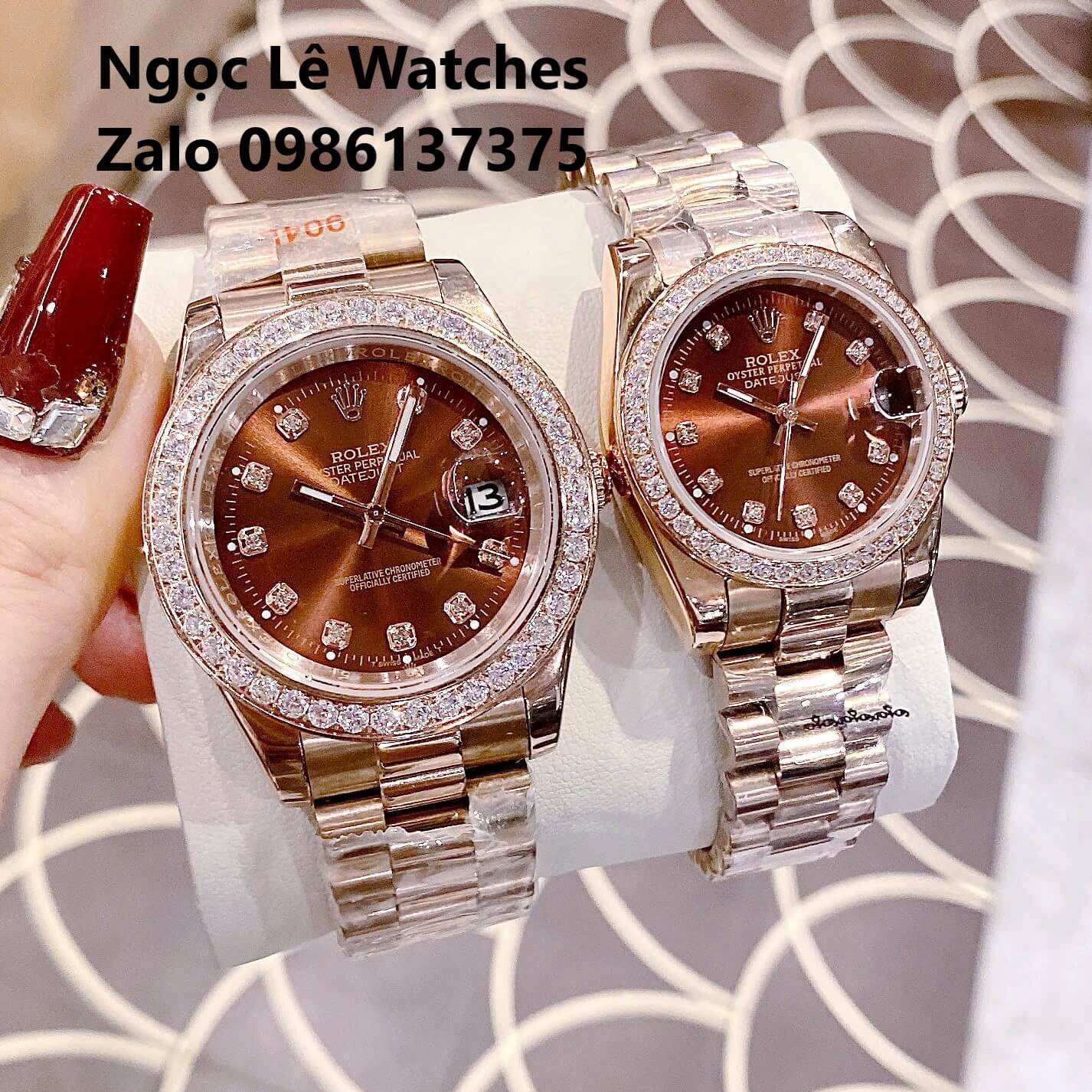 Đồng Hồ Cặp Rolex Datejust Máy Pin Nam Nữ Màu Rose Mặt Nâu Viền Đá Size 41mm - 31mm