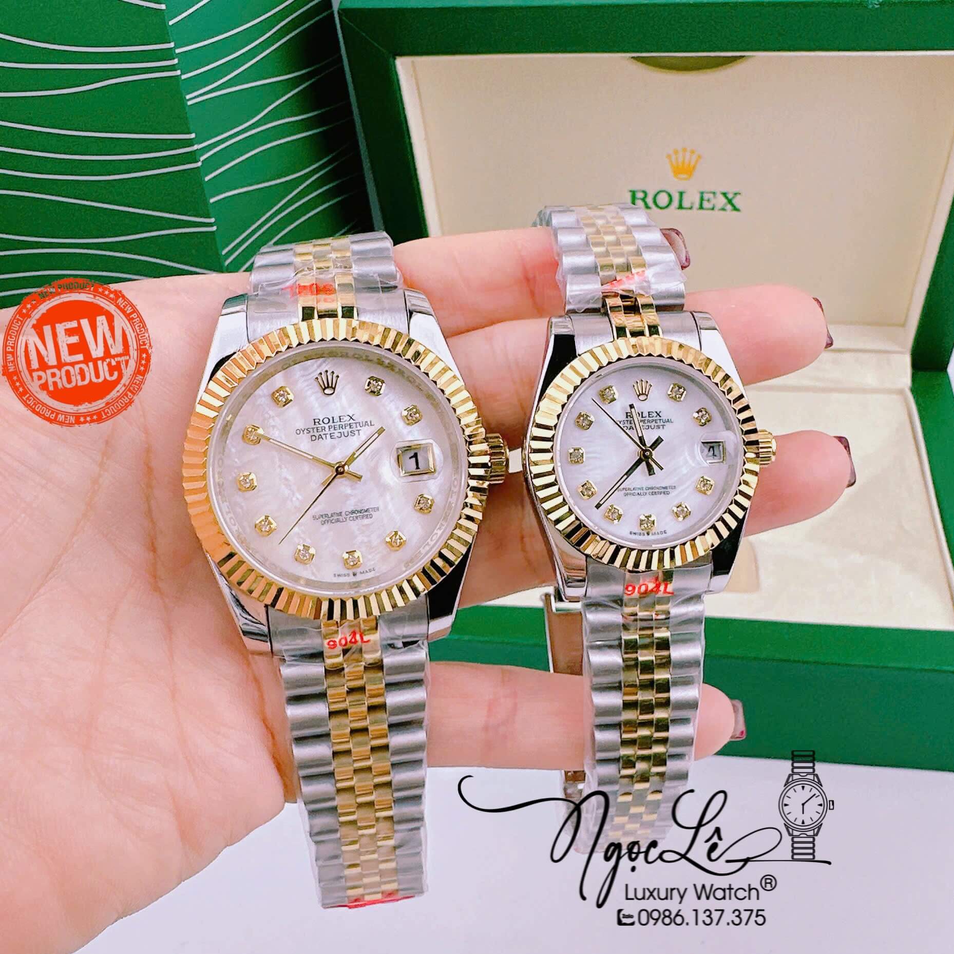 Đồng Hồ Cặp Rolex Datejust Pin Dây Demi Màu Vàng Mặt Trắng Xà Cừ 31mm 41mm