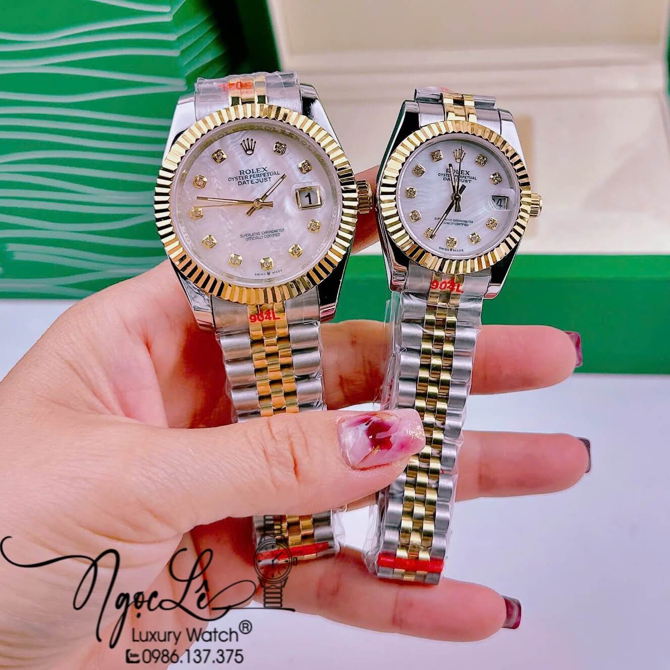 Đồng Hồ Cặp Rolex Datejust Pin Dây Demi Màu Vàng Mặt Trắng Xà Cừ 31mm 41mm