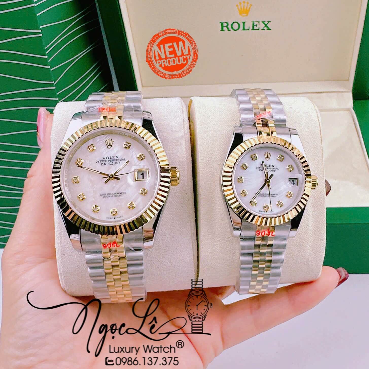 Đồng Hồ Cặp Rolex Datejust Pin Dây Demi Màu Vàng Mặt Trắng Xà Cừ 31mm 41mm