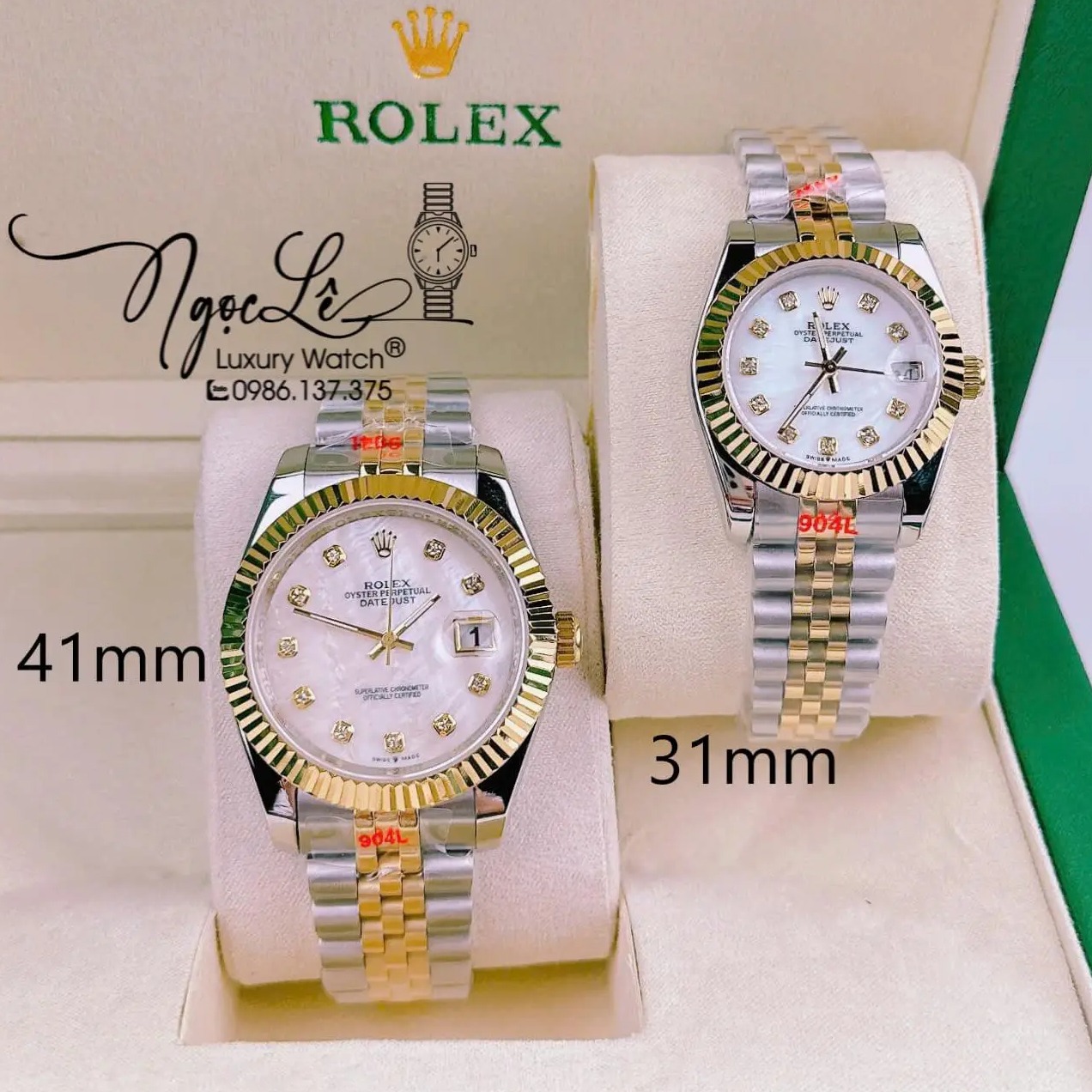 Đồng Hồ Cặp Rolex Datejust Pin Dây Demi Màu Vàng Mặt Trắng Xà Cừ 31mm 41mm